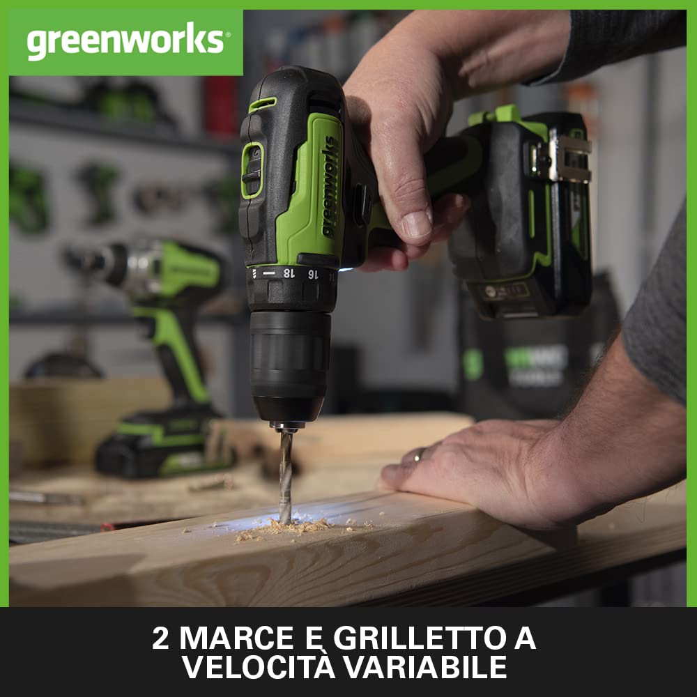 Greenworks GD24DD35 Trapano Avvitatore a Batteria con Motore Brushless, 0-1450 giri/min., 2 Marce, 35Nm di Coppia, SENZA Batteria 24V 2Ah e Caricabatterie, Borsa, Garanzia 3 Anni