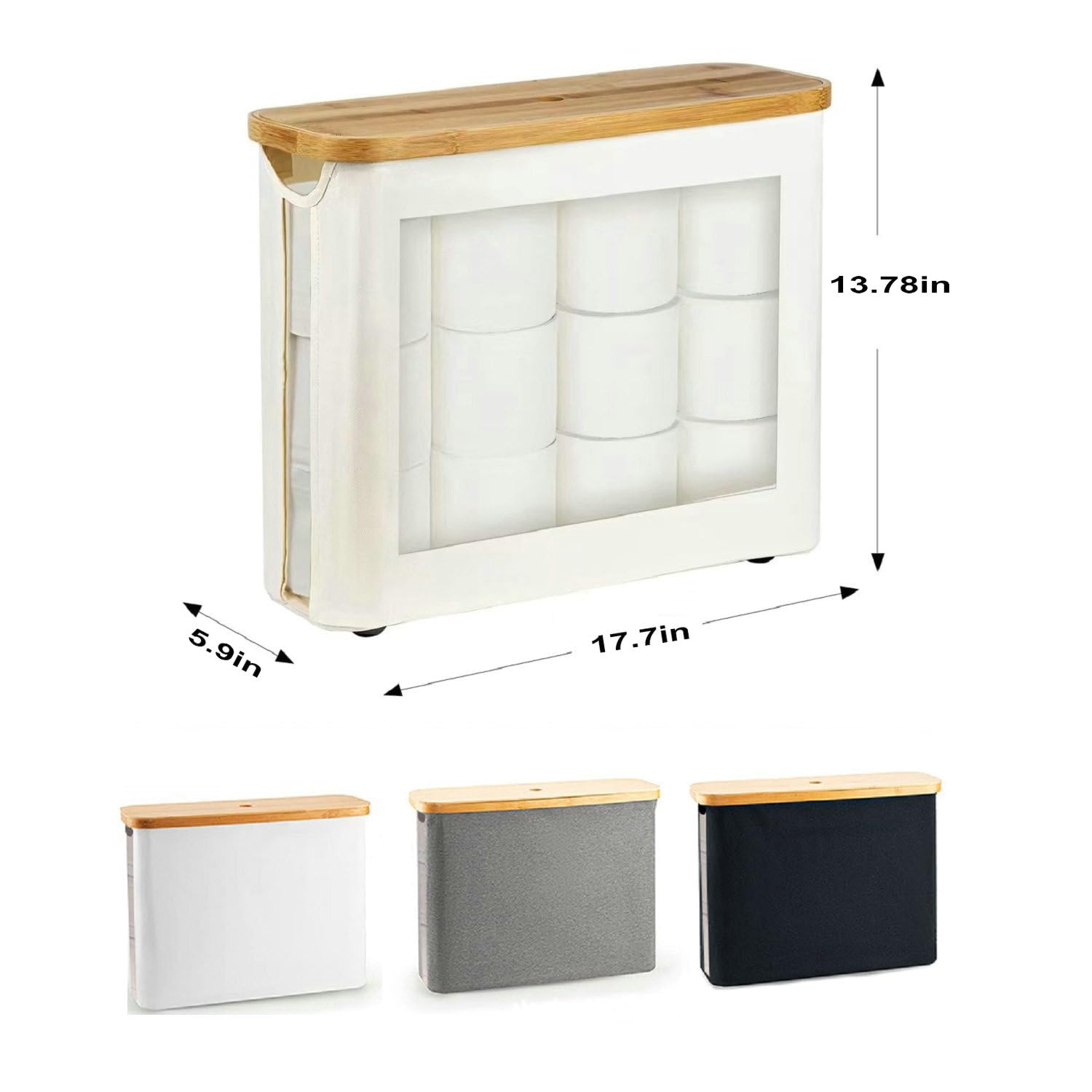 Cesta de almacenamiento de papel higiénico, organizador de papel higiénico con tapa de bambú para baño, soporte de papel higiénico independiente con ventana de visualización (negro)