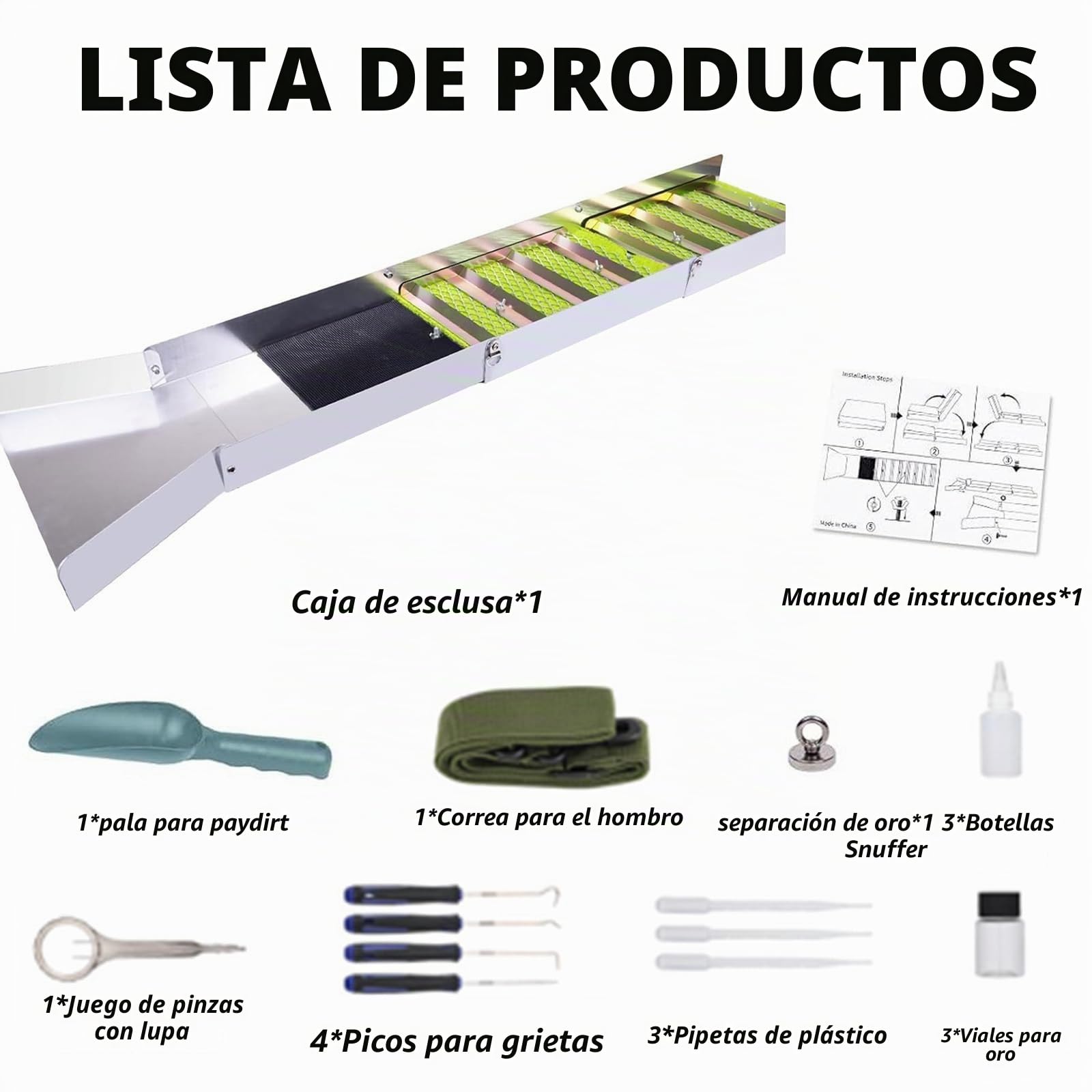 17 Piezas Juego Completo Lavar Oro, Planta Portátil Lavar Oro con Caja Esclusa Plegable 50 Pulgadas, Juego Completo Canaletas Lavar Oro Aleación Aluminio Extracción Arroyos, Lavado Oro y Prospección