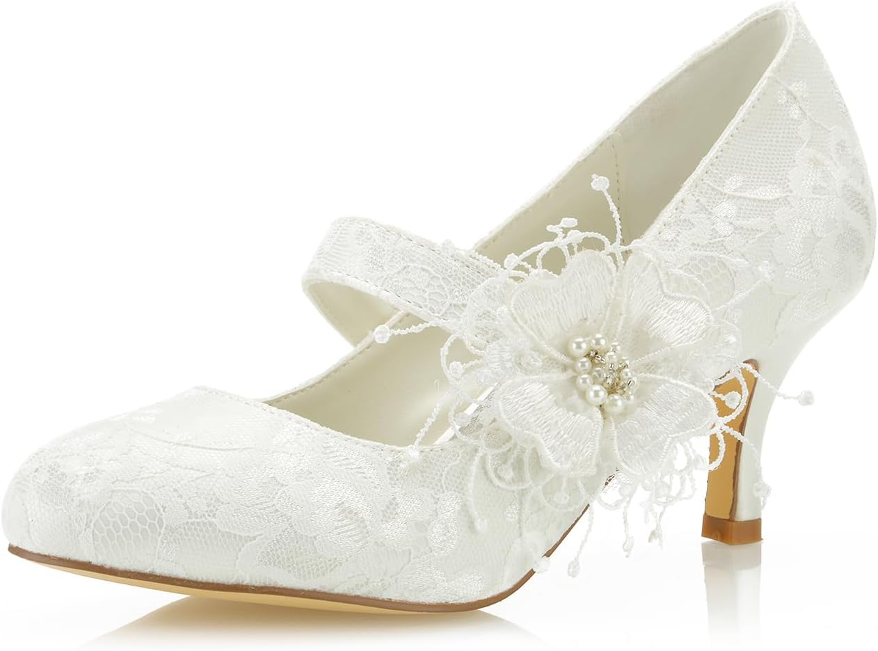 JIAJIA 586449B Women's Bridal Shoes Closed Toe 2.56" Stiletto Heel Lace Satin Pumps Satin Flower Imitation Wedding Shoes