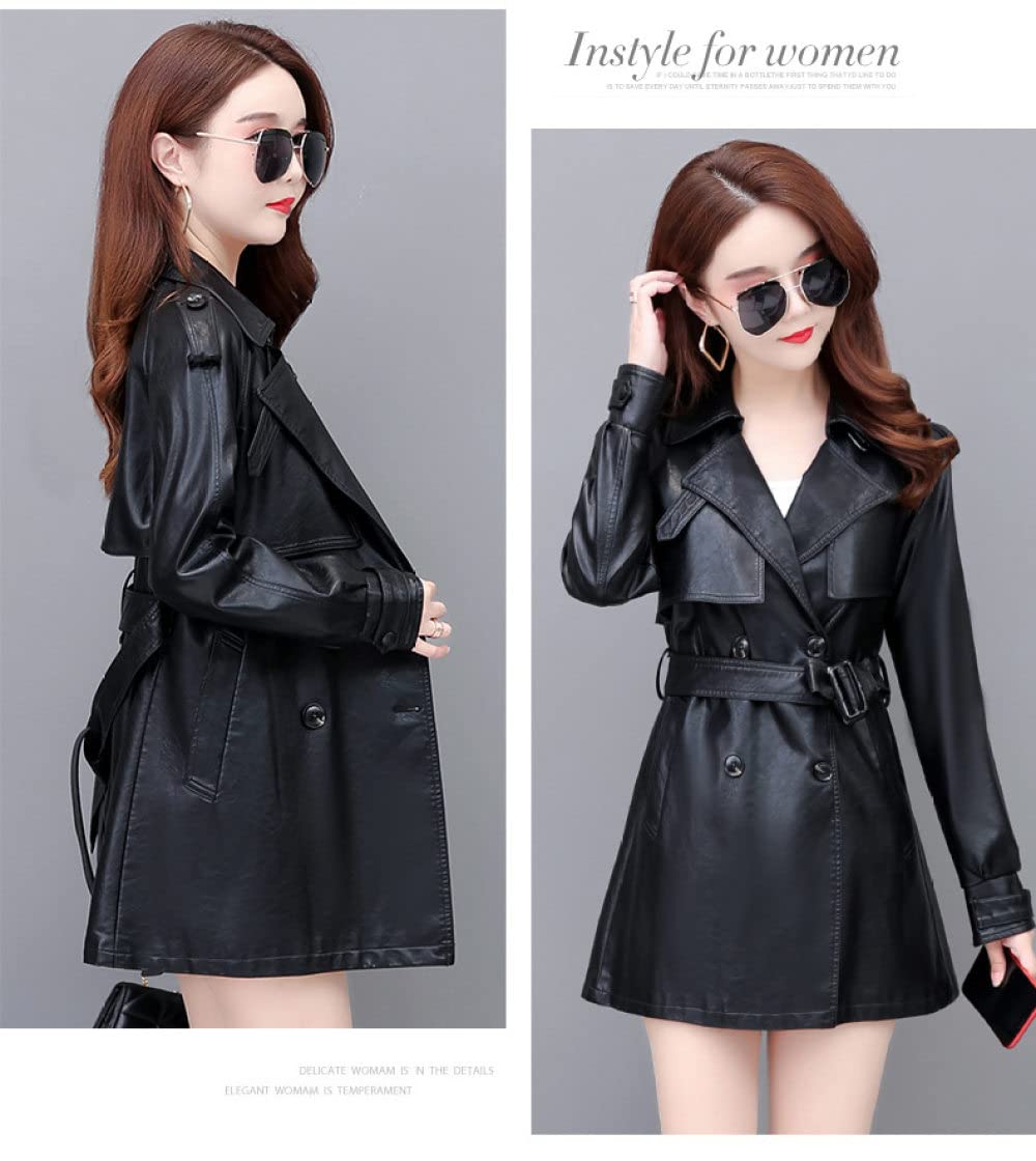 Chaqueta Moto Mujer,Gabardina Corta De Piel Sintética Para Mujer Chaqueta Panel De Solapa Negra Cinturón De Doble Botón Elegante Manga Larga Slim Fit Moto Biker Pu Abrigo Bombardero Motocicleta O