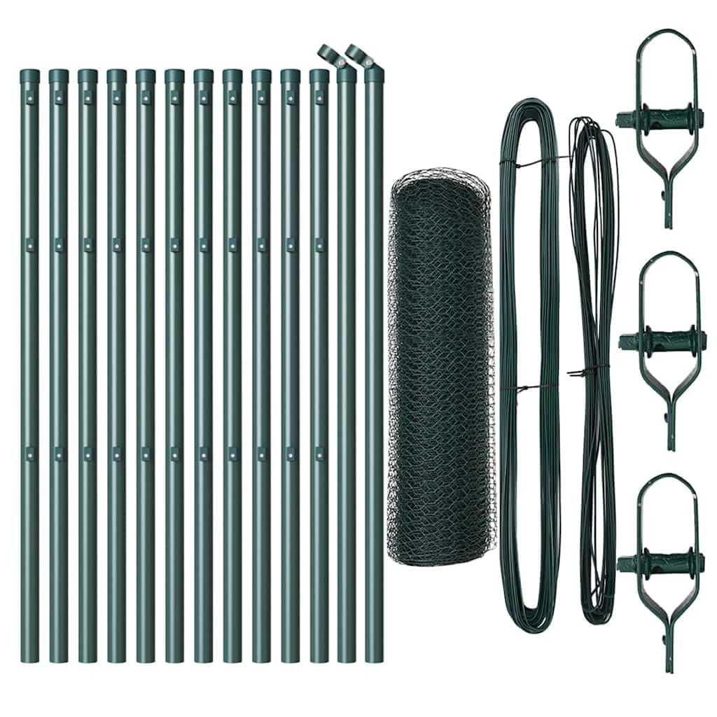 Outdoor Fence Post Set Green 25 x 0.4 m 13 mm Mesh Steel PVC Garden Security Barrier Corrosion Resistant Rectangle Posts with 13 Posts for Terrace Yard Enclosure