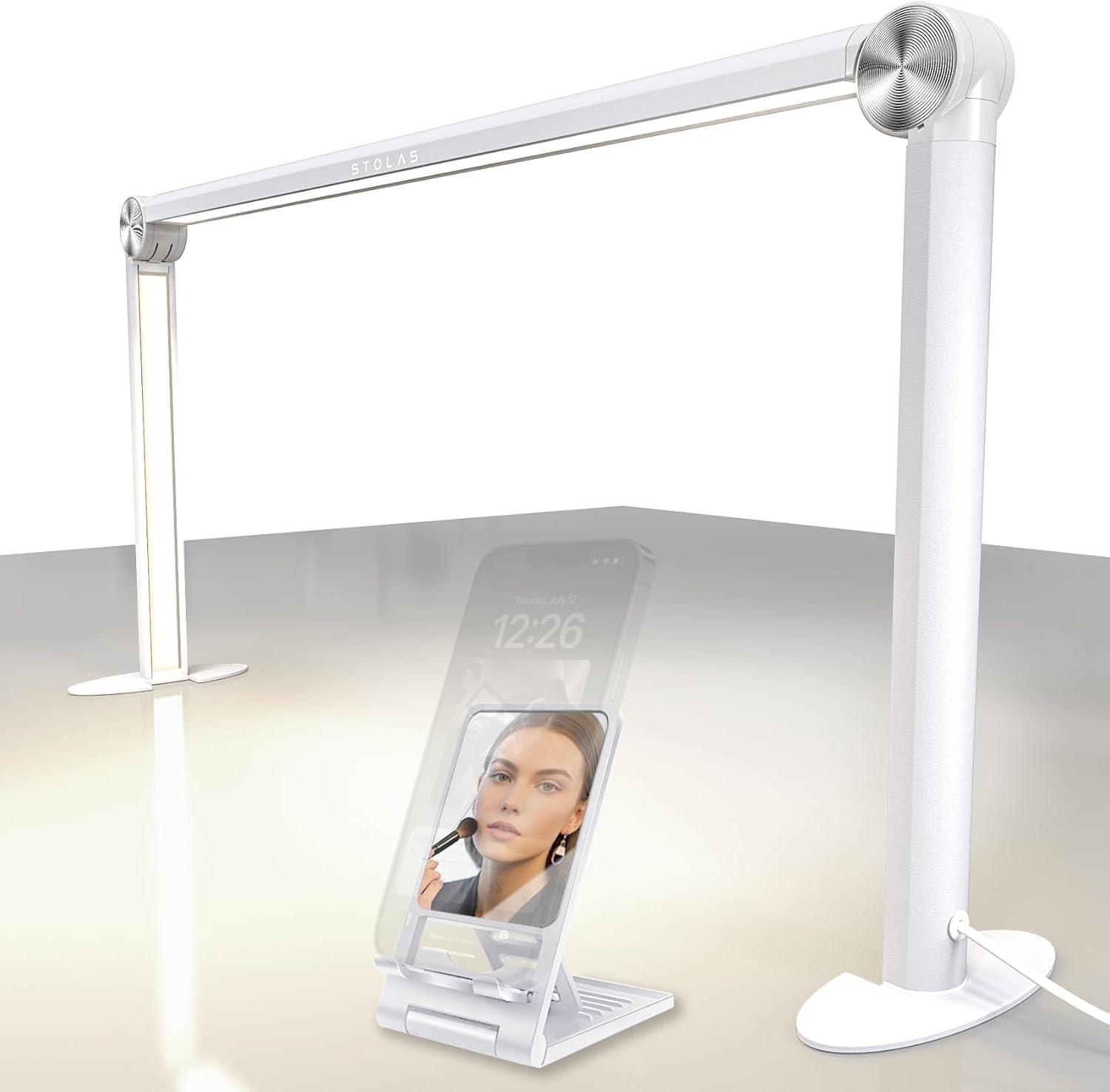 STOLAS Half Moon Light for Nail Desk with Phone Holder, 14 inch Height 3 Modes 3000K-6000K Dimmable LED Light, Desk Lamp for Nail Tech (White)