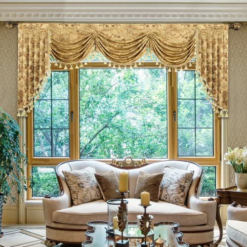 Loom and Mill Luxury Waterfall Valances for Windows, Elegant Jacquard Thick Swag Waterfall Curtains Valance with Tassels for Living Room, Bedroom Party Banquet Decorations (Yellow, W79 Inch, 1 Panel) by Loom and Mill - Image 2