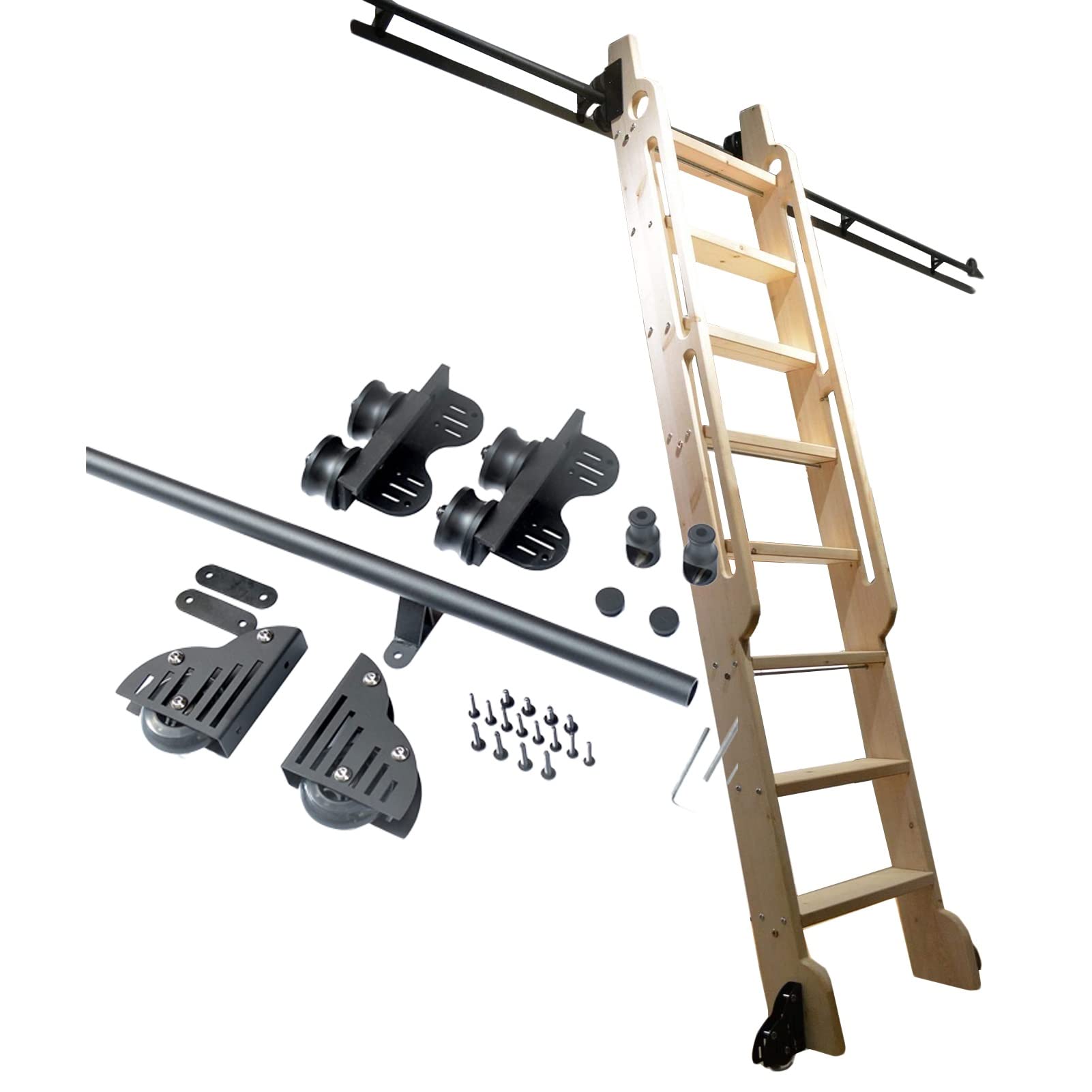 ASXCAQ 3,3ft-20ft Schiebe-Scheunentor-Kit, einziehbare Rollleiter-Hardware-Bibliothek, Schiebeleiter-Hardware-Kit mit Bodenrollenrädern (Keine Leiter) (Größe: 10ft/300cm Track Kit)