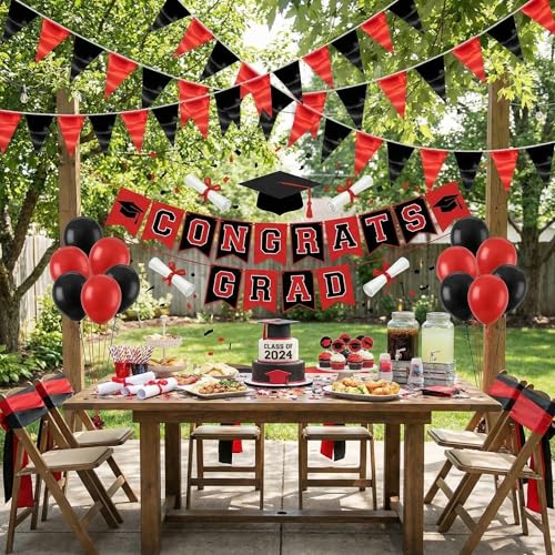 Image of 130FT Red Black Triangle Pennant Banner Flag Metallic Fabric Bunting Garland for Christmas Graduation Bachelorette Anniversary Birthday Engagement Wedding Anniversary Casino Party Decorations Supplies