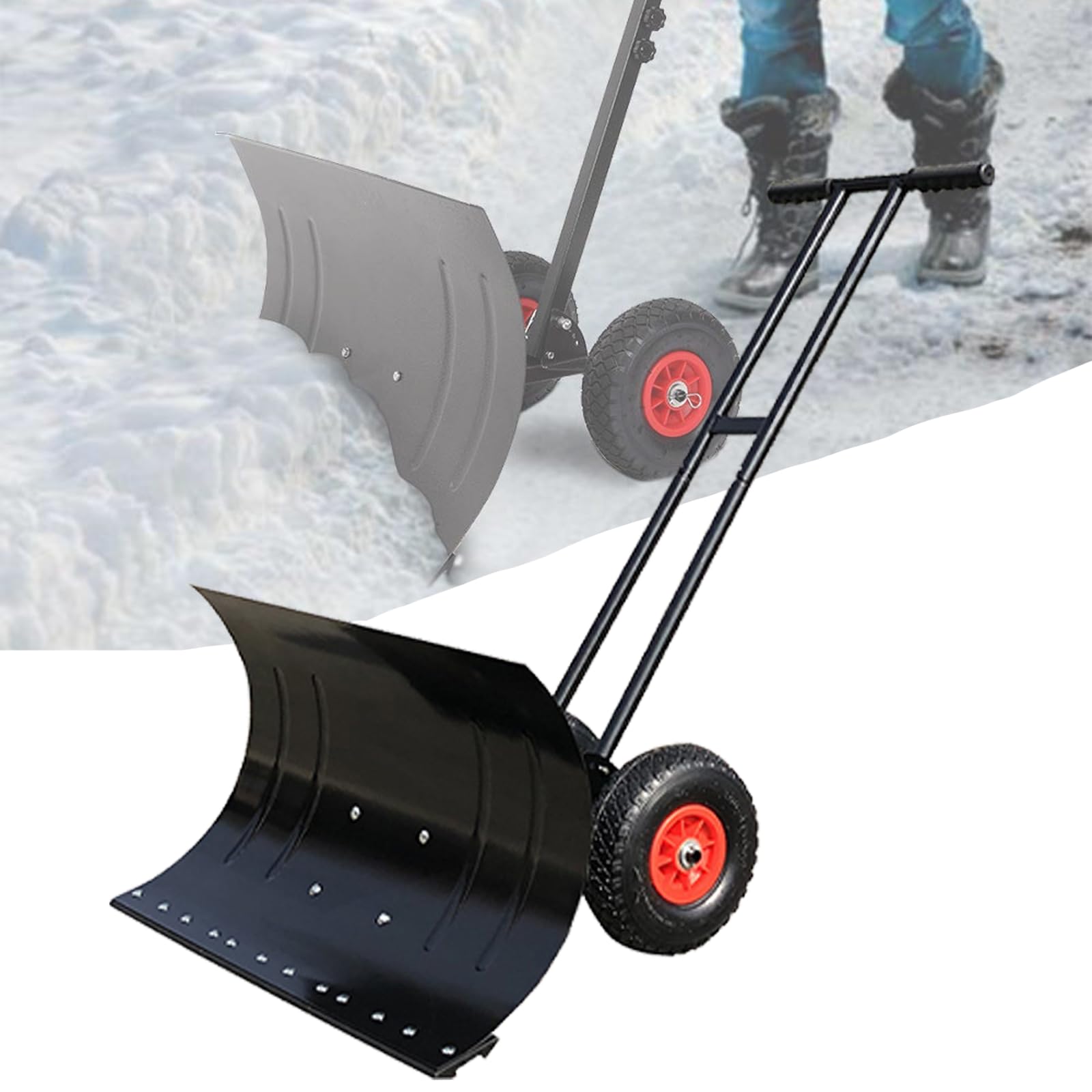 Ręczna pług do śniegu na dwóch wysięgnikach, metalowa łopata do śniegu o szerokości 42 cm z kółkami, regulowany kąt i wysokość, odgarniacz śniegu do odśnieżania podjazdu lub chodnika, S black