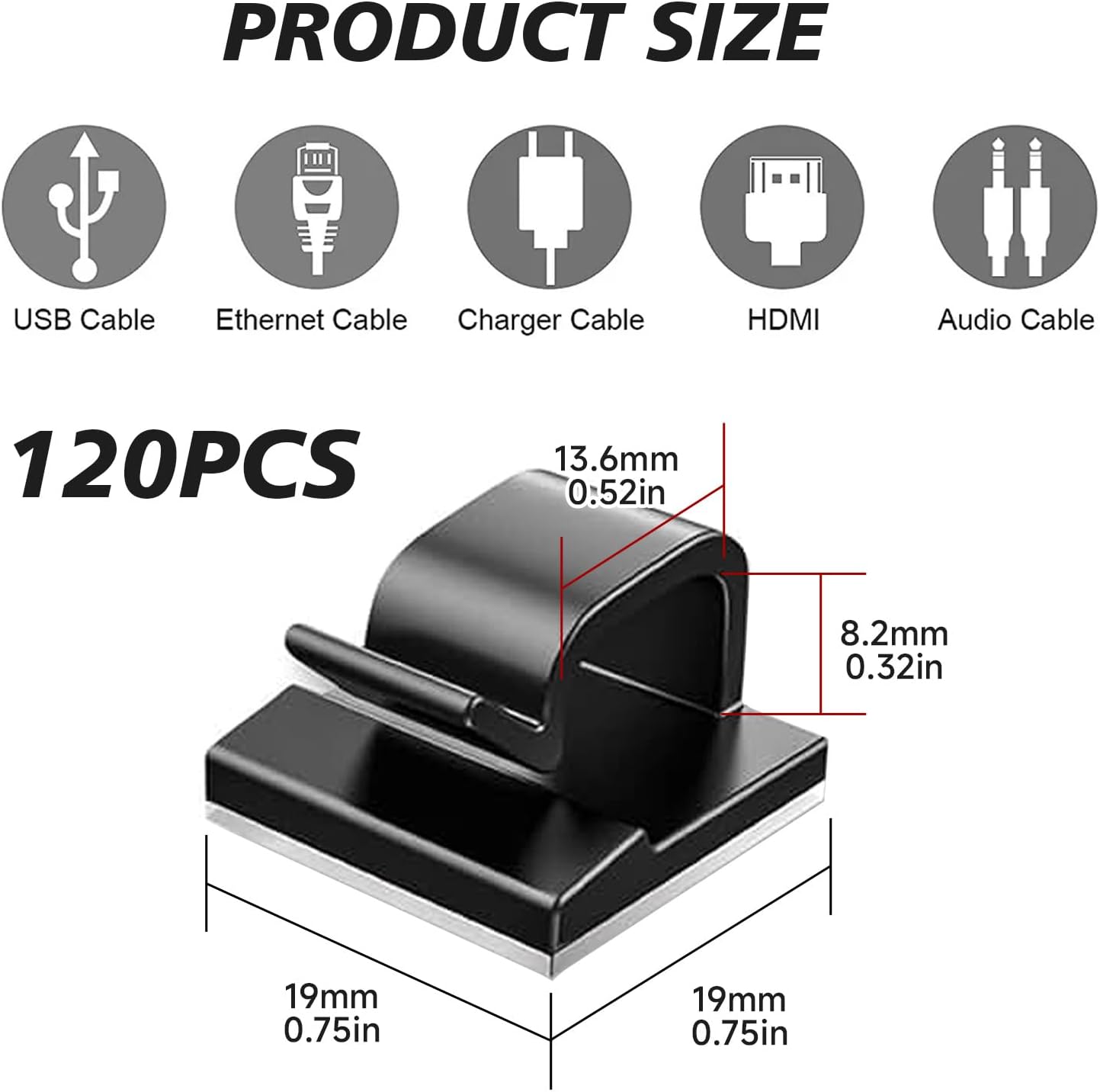 3/4 in Adhesive Cable Clips, 120pcs Outdoor Light Clips, Cord Clips, Sturdy Wire Clips, Finisher Wire Clamp for Home, Car, Office Wire Management Clips (Black, 3/4"-120PCS)
