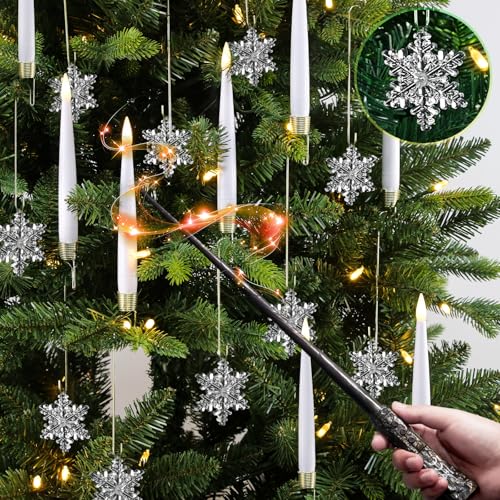 Sunjas Velas de árbol de Navidad con varita mágica, paquete de 12 velas sin llama para árbol de Navidad parpadeante, funciona con pilas, vela LED para decoración de fiestas en el hogar con copo de