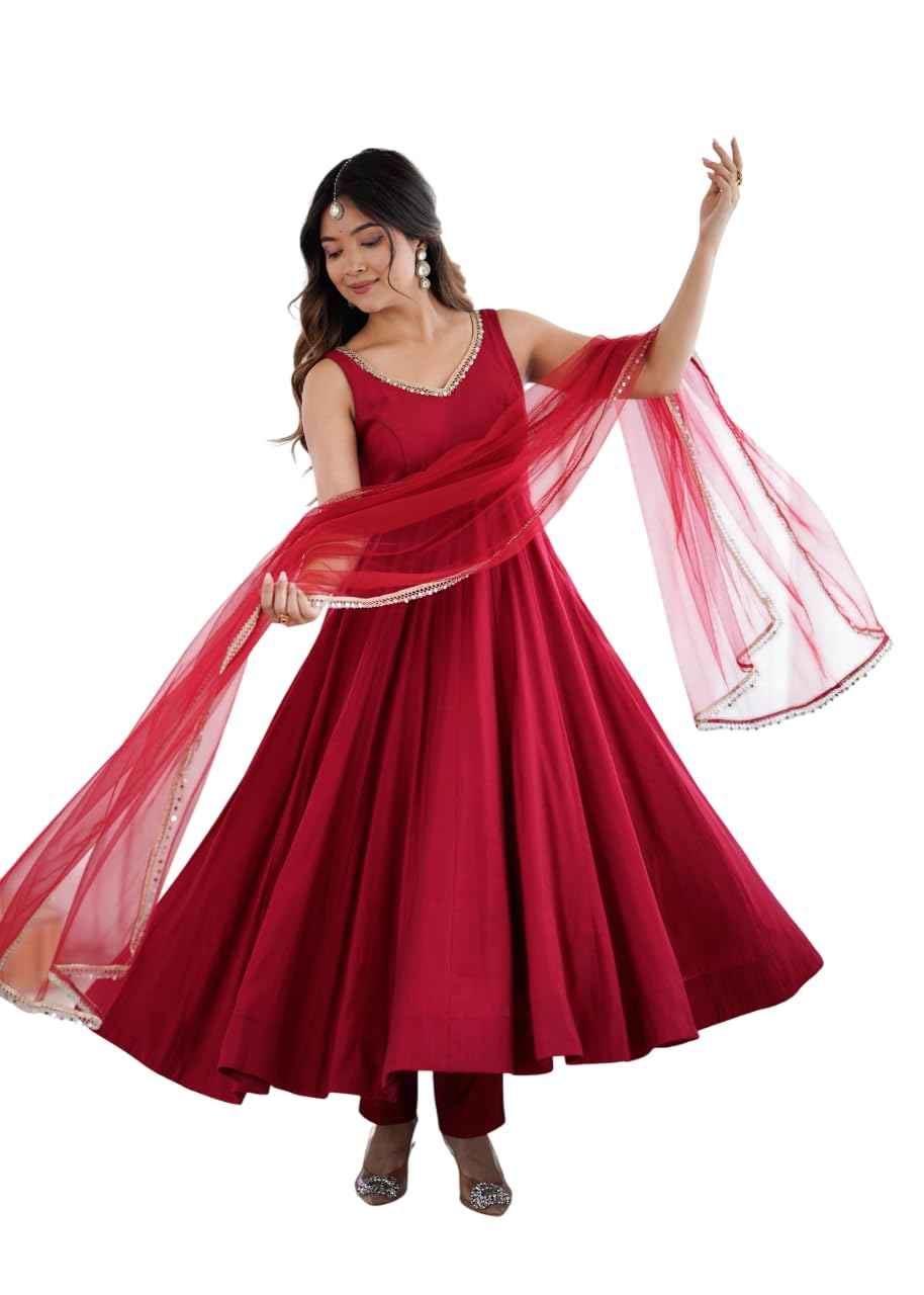 Women's Pure Roman Silk Chanderi Fully Flair Anarkali Gown with Dupatta,Pent Suit Set.