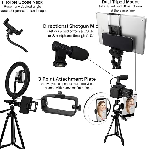 Miniatura 3 de Acuvar Kit de vlogging profesional para iPhone, Android y tabletas: luz de anillo, trípode, micrófono, control remoto, kit de creador de contenido,