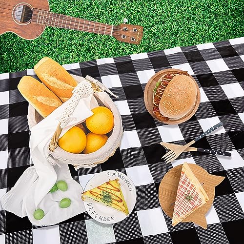 Image of Kesfey 3 Packs Black Gingham Tablecloths 54 x 108 inch Black and White Checkered Tablecloth Disposable Plastic Plaid Picnic Tablecover Waterproof Fall Checkered Table Cloth for Camping Halloween Party