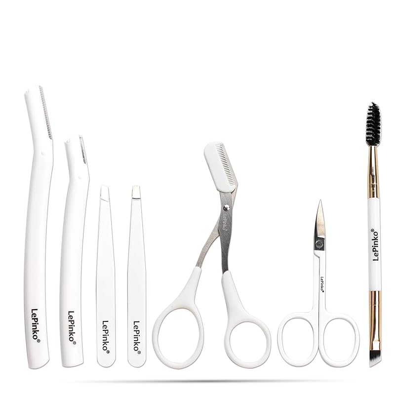 Kit para Sobrancelhas LePinko com 7 Peças, Tesouras, Pinças, Lâminas e Escova – Branco