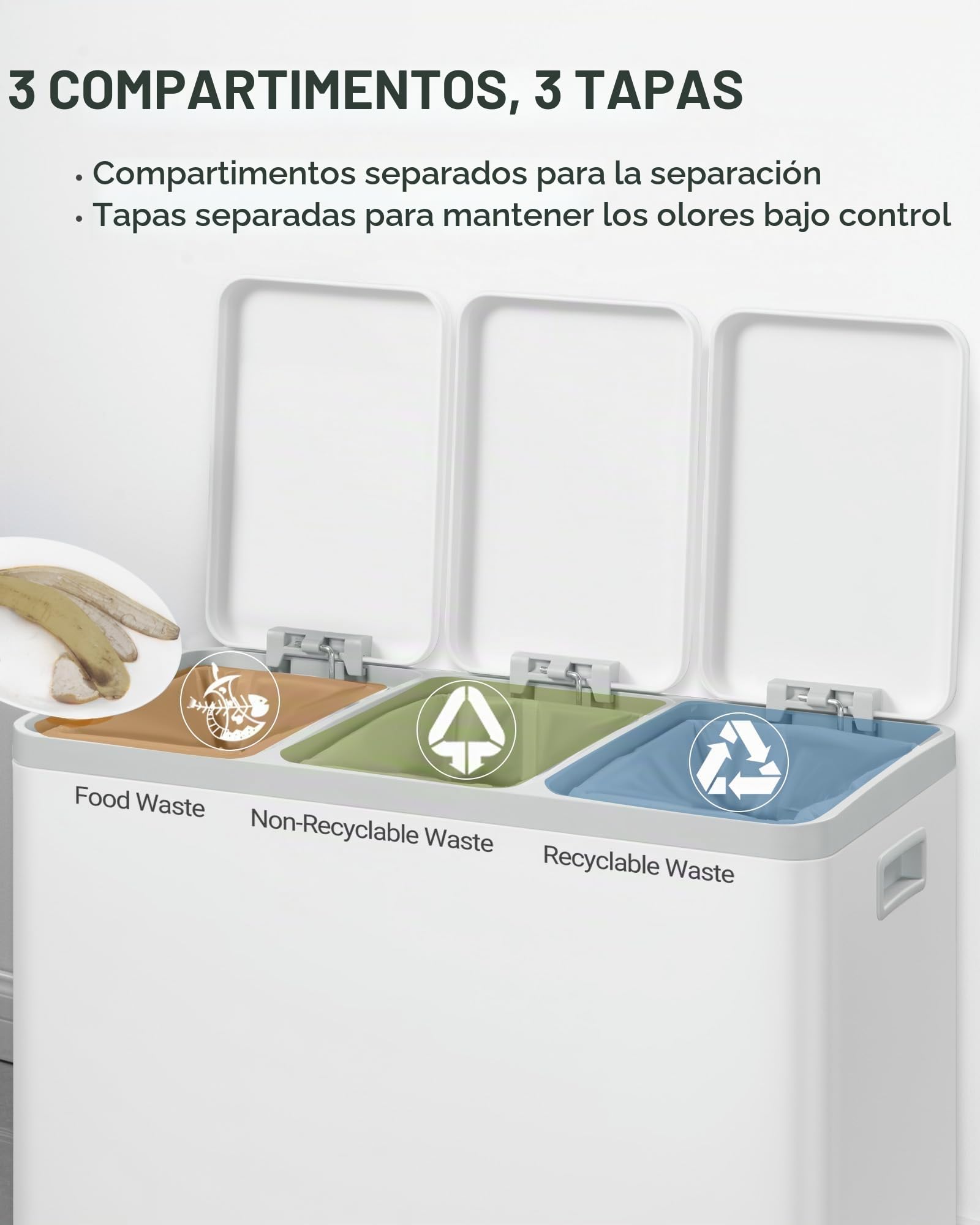 Hzuaneri Cubo de Basura para Reciclaje, Cubos de Reciclaje Cocina con Pedal 3 x 15 L, Contenedor de Acero Inoxidable con Cubos Extraíbles y 1 Rollo de Bolsas de Basura, Blanco SW04599W