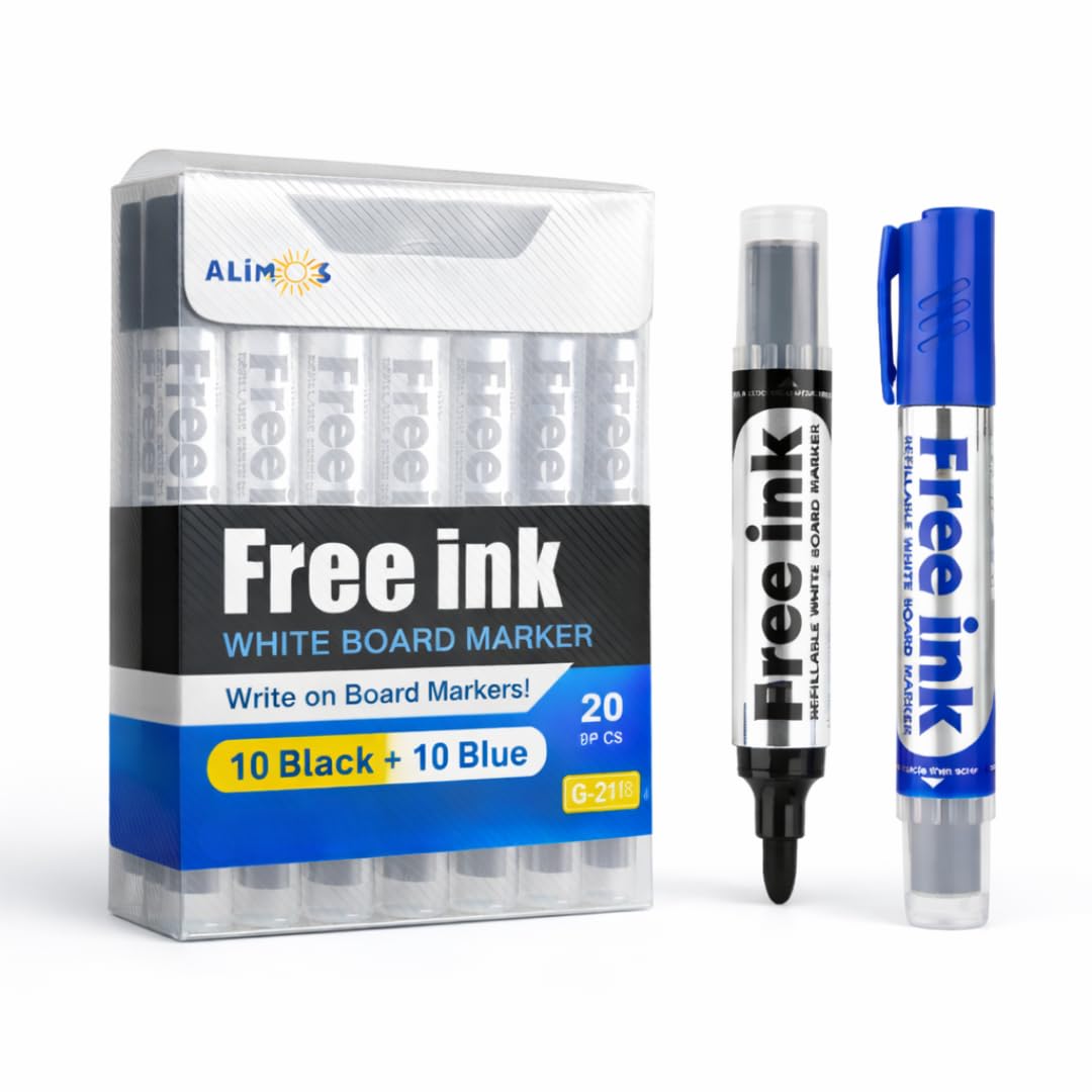 Alimos Whiteboard Marker Set, 20 Pens, 3mm Round Tips, Refillable, High Performance Ink, Writes on Glass & Whiteboards (Black and Blue)