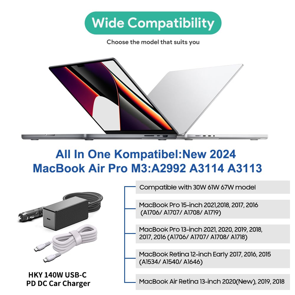 HKY PD3.1 - Caricatore rapido per auto, 140 W, USB tipo C, 12 V-24 V, per Asus ROG Ally Gaming Console ASUS ROG Flow X13 Z13 GZ301Z GZ301 ZenBook 14X 14 UX425QA UM425QA Chromebook DJI Mavic 3