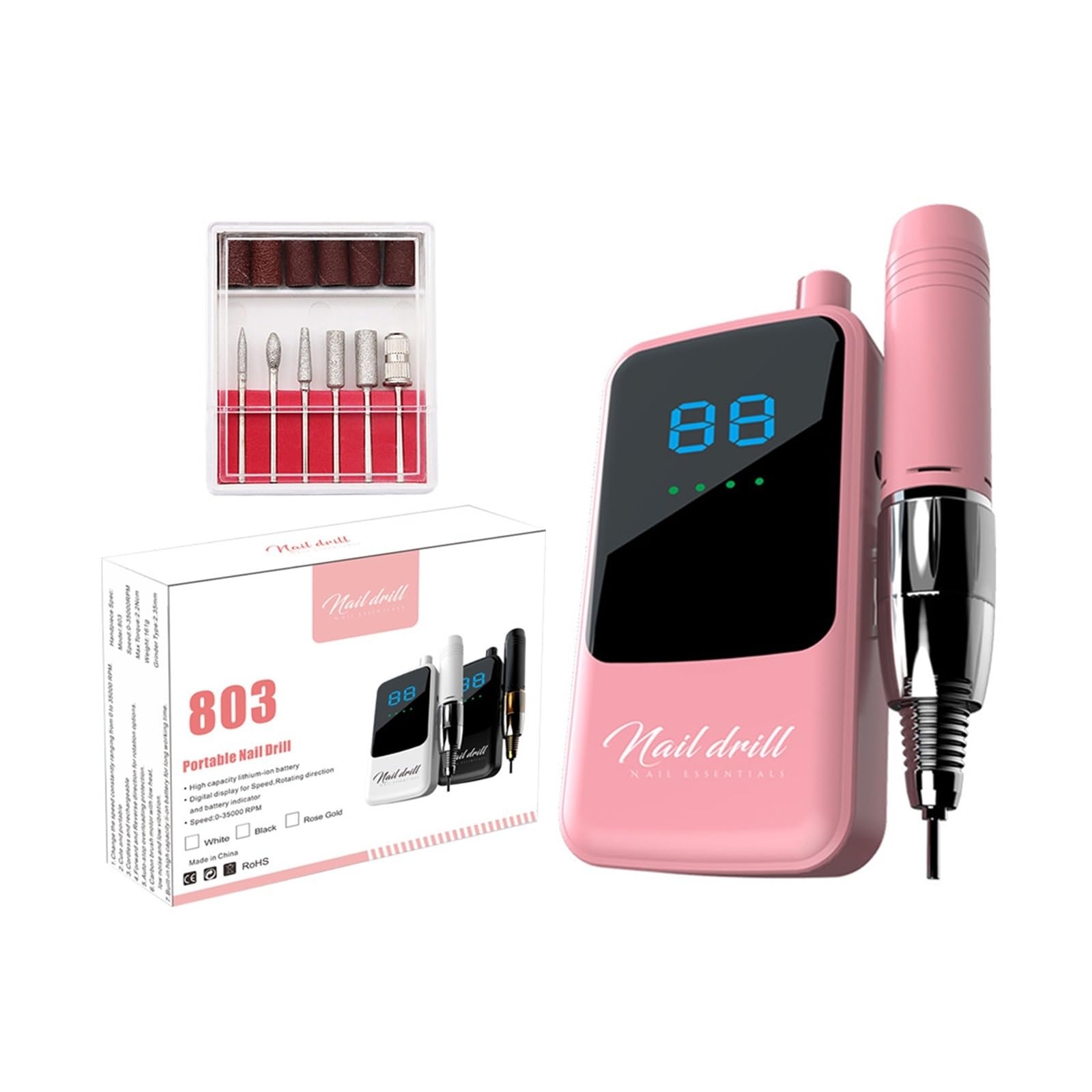 Nagelfräser, Nagelbohrmaschine Mit 35.000 U/min, Wiederaufladbarer Elektrischer Nagelpolierer, Tragbarer Nagelschleifer Mit LCD-Display, Professionelle Maniküremaschine(Pink)