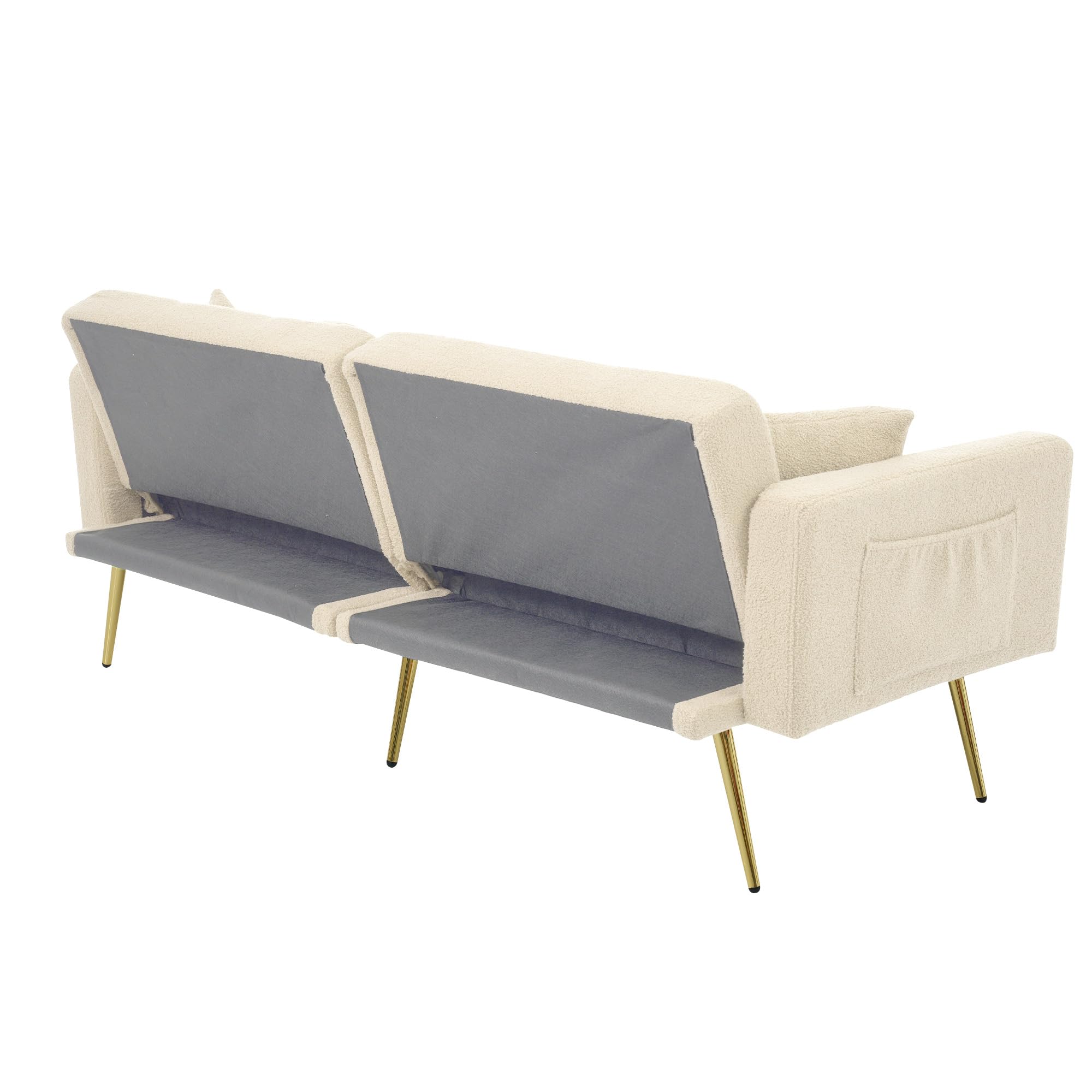Sofá cama con función de cama, sofá de 2 plazas, ángulo ajustable, patas doradas, con cojines y bolsillos laterales de almacenamiento (Beige)