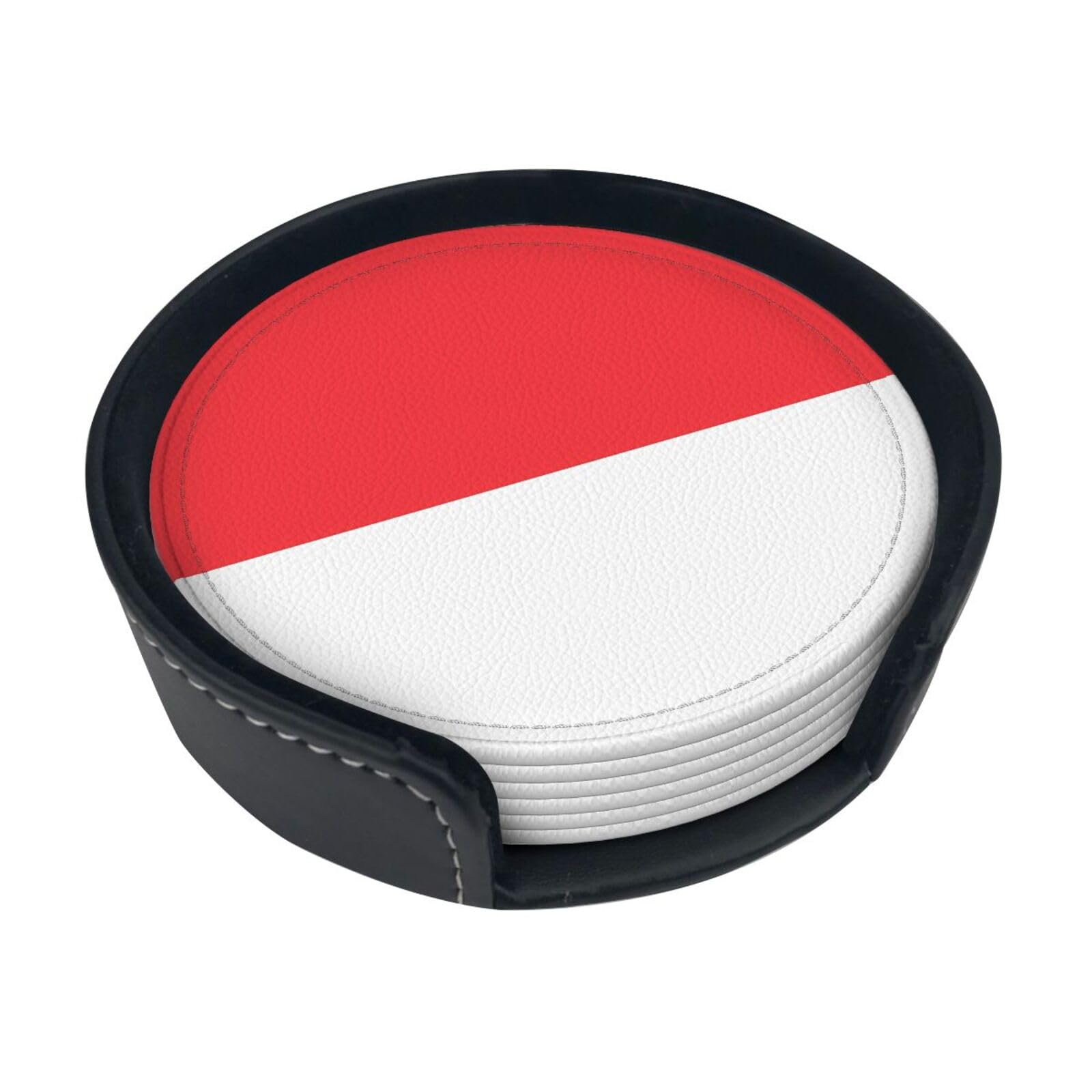 Cntdbu White Indonesian Flag Leather Coasters Set Of 6-Pu Leather Drink Mats For Table, Heat Resistant Round Coasters With Holder