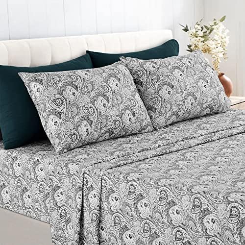 Lux Decor Collection Bed Sheets - 6 Pc California King Sheets - 1800 Thread Count Brushed Microfiber Sheets - 16 Inches Deep Pocket Bedding Sheets & Pillowcases (California King, Paisley White/Grey)