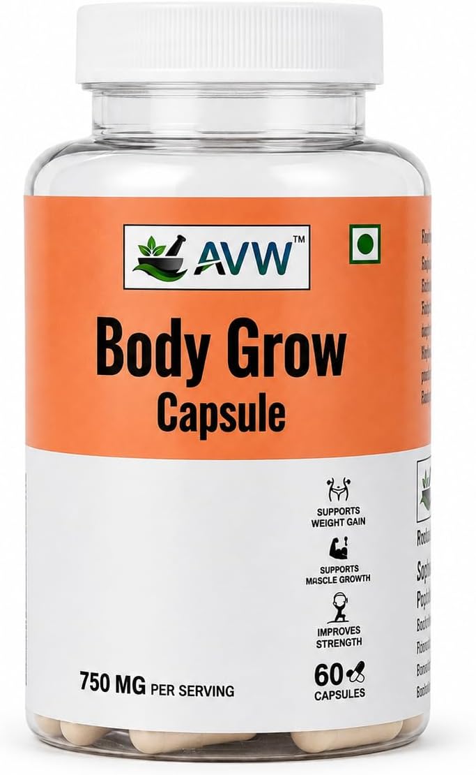 AVW Body Grow Capsules 750mg, 60 Capsules | New & Improved Formula | Ayurvedic Weight Gainer for Digestion & Muscle Mass | 100% Natural for Men & Women | Increases Strength & Appetite Naturally