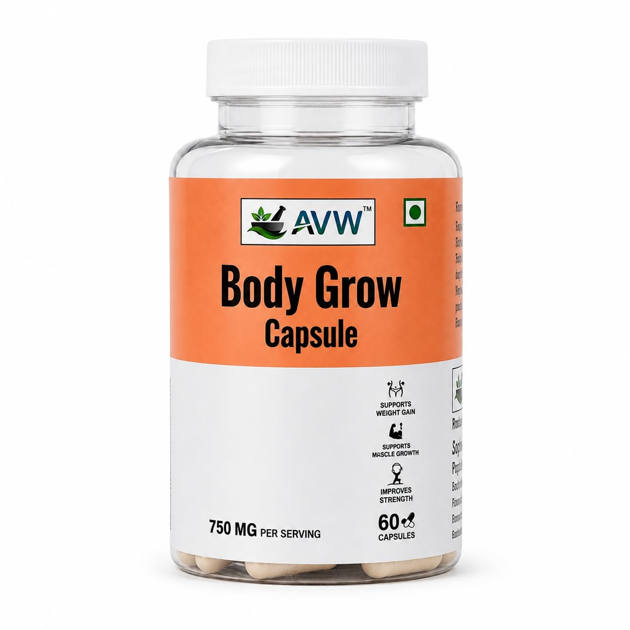 AVW Body Grow Capsules 750mg, 60 Capsules | New & Improved Formula | Ayurvedic Weight Gainer for Digestion & Muscle Mass | 100% Natural for Men & Women | Increases Strength & Appetite Naturally