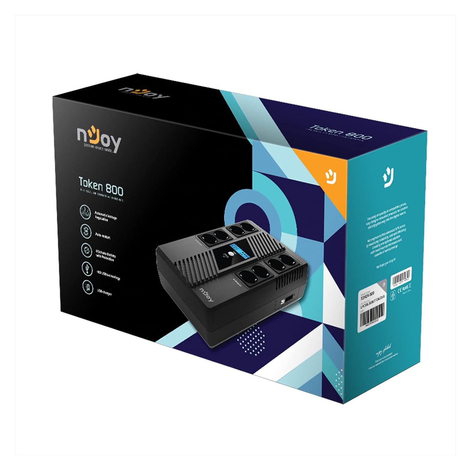 NJOY Token 800 UPS Gruppo di Continuità 800VA 480W | 8 Prese Schuko | Tecnologia Line Interactive AVR | Caricatore USB 2.1A | Display LCD | Software PC Incluso | Protezione Blackout per PC Router NAS