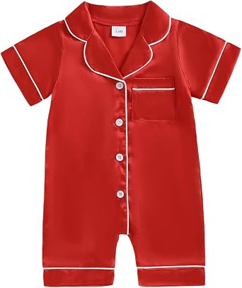 FULA-bao Newborn Baby Boy Girl Silk Pajamas Short Sleeve Button Up Satin Pjs One Piece Romper Onesie Shorts Baby Sleepwears