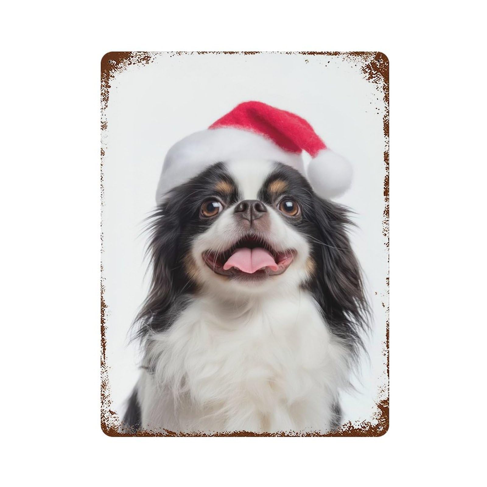 Japanese Chin Dog with Santa Hat Rusty Metal Tin Sign 15.7"x11.8", Industrial Home Decor for Garage, Pub Or Kitchen