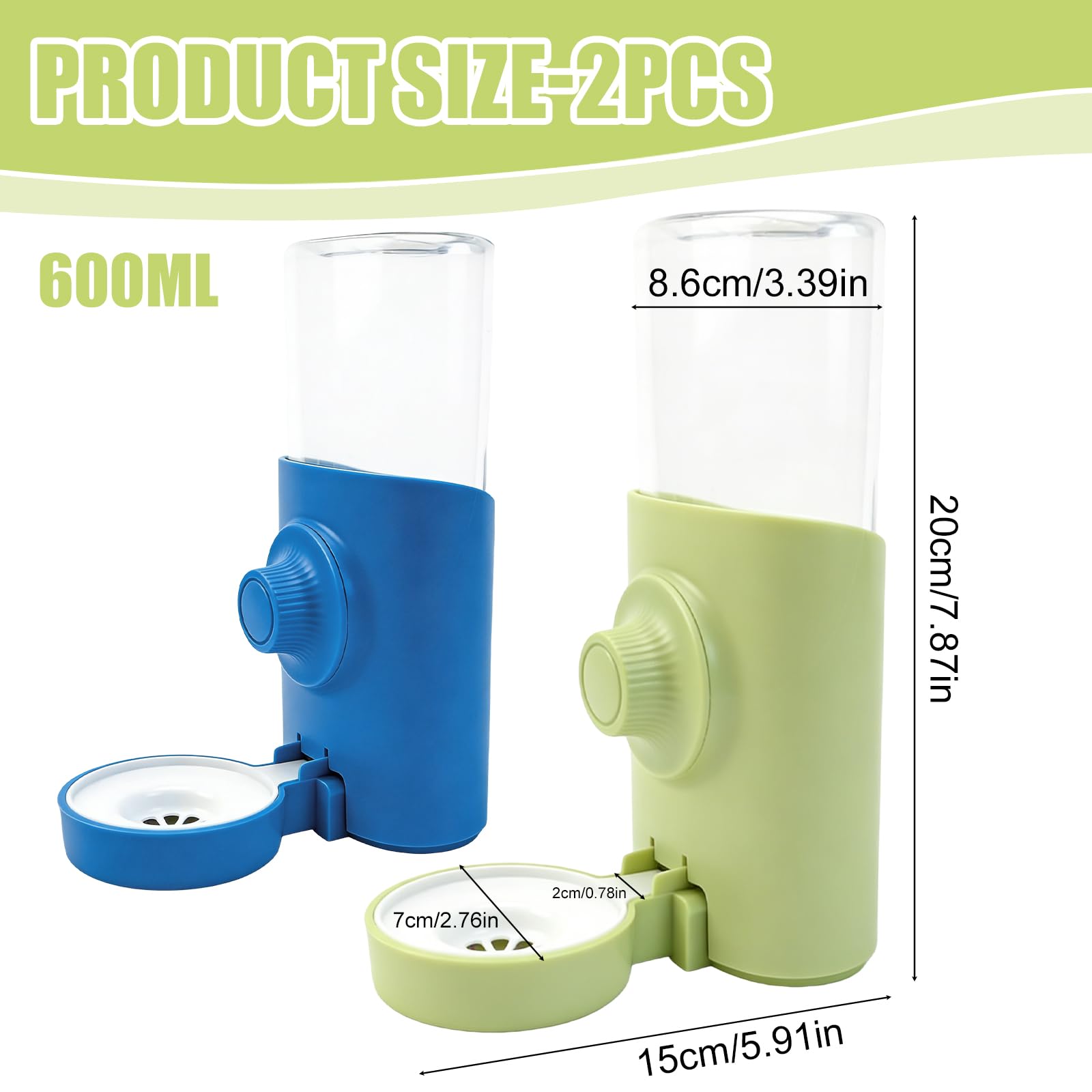 2 unidades dispensador automático de agua conejo: botella colgante para mascotas, botella de agua automática, botella de agua para conejos, chinchilla, erizo, ardilla, hurón (azul + verde, 600