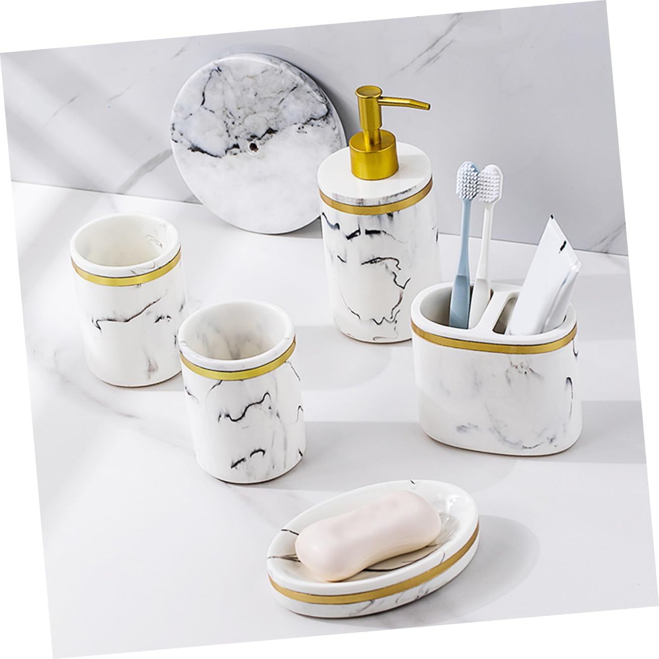 VALICLUD 5 Pcs Resin Bathroom Set Elegant Marble Effect Soap Dish Toothbrush Holder Sanitary Ware for Bathroom Organization and Decoration