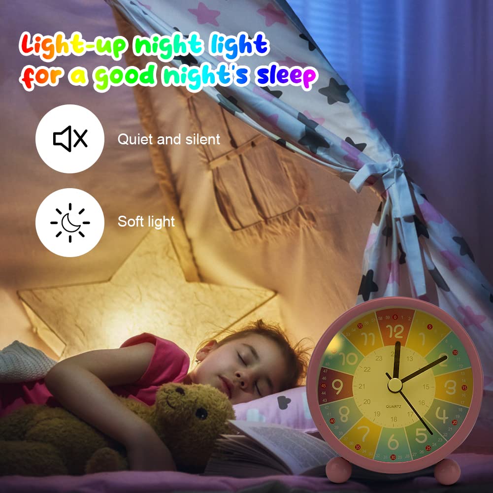 LUPATDY Kinderwekker voor jongens en meisjes, educatief, zonder tikken, luid alarm, nachtlampje, op batterijen