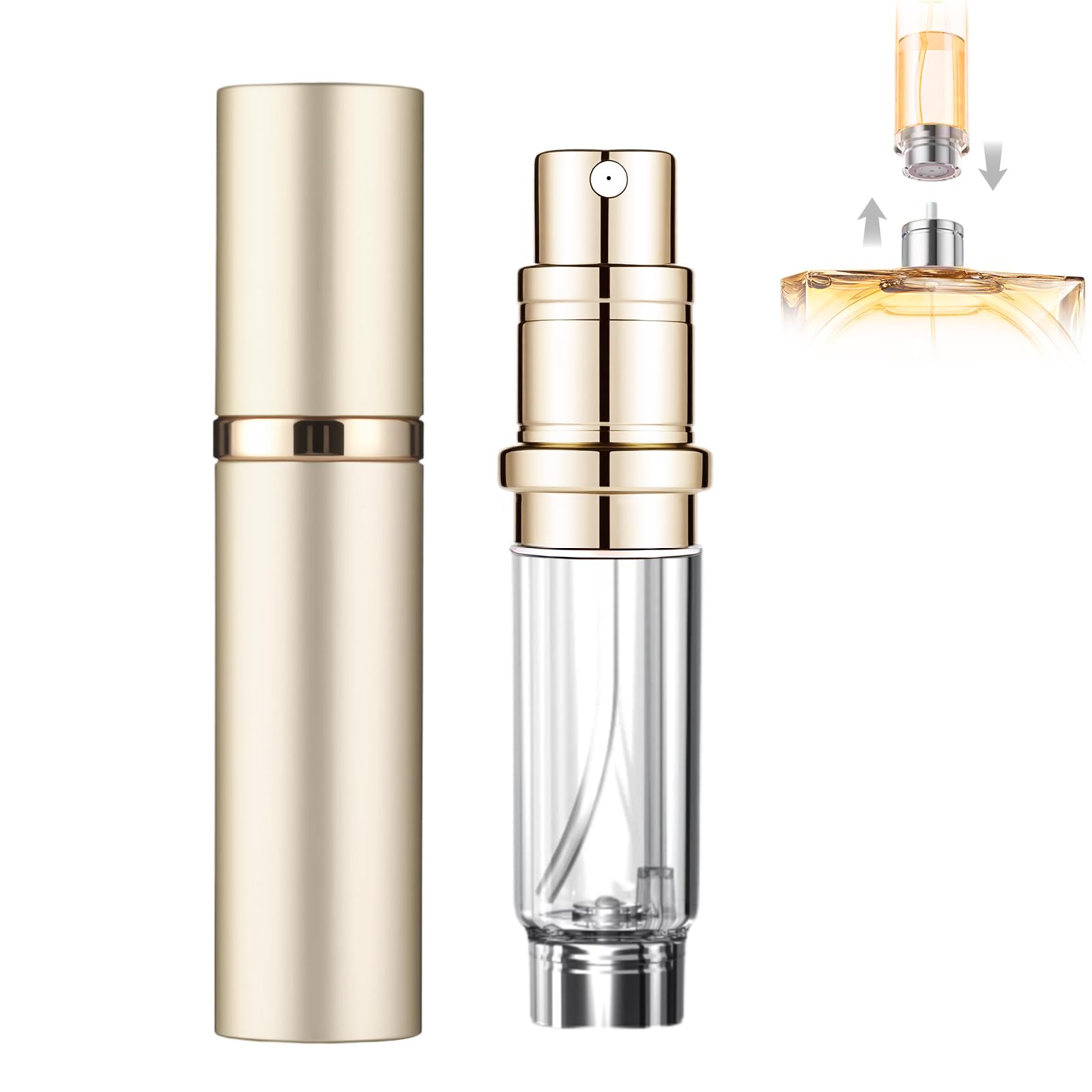 szyanlai Portable Perfume Atomiser Refillable - 5ml Empty Travel Perfume Bottle, Nano Mist, Leaking Proof, Bottom Pump without Funnel, Luxurious Mini women and men (Gold)