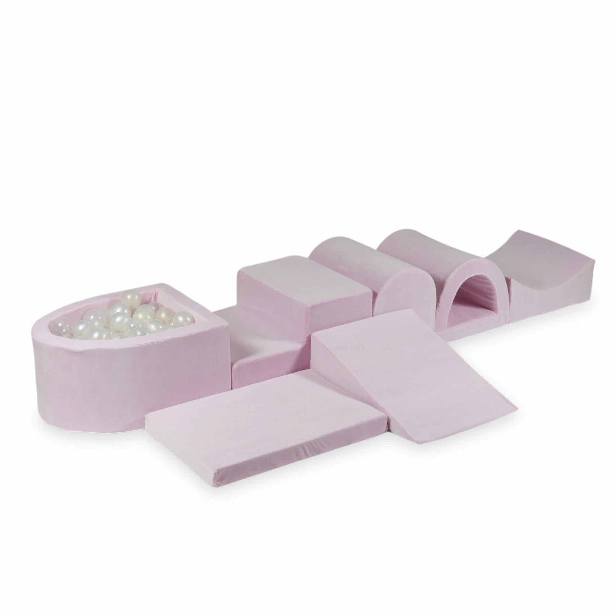 Mimii Parco giochi XXL in schiuma con vasca con palline Velvet Soft rosa chiaro (100 palline: trasparente/perla/opale), grandi mattoncini da costruzione per gattonare e arrampicare, morbidi mattoncini
