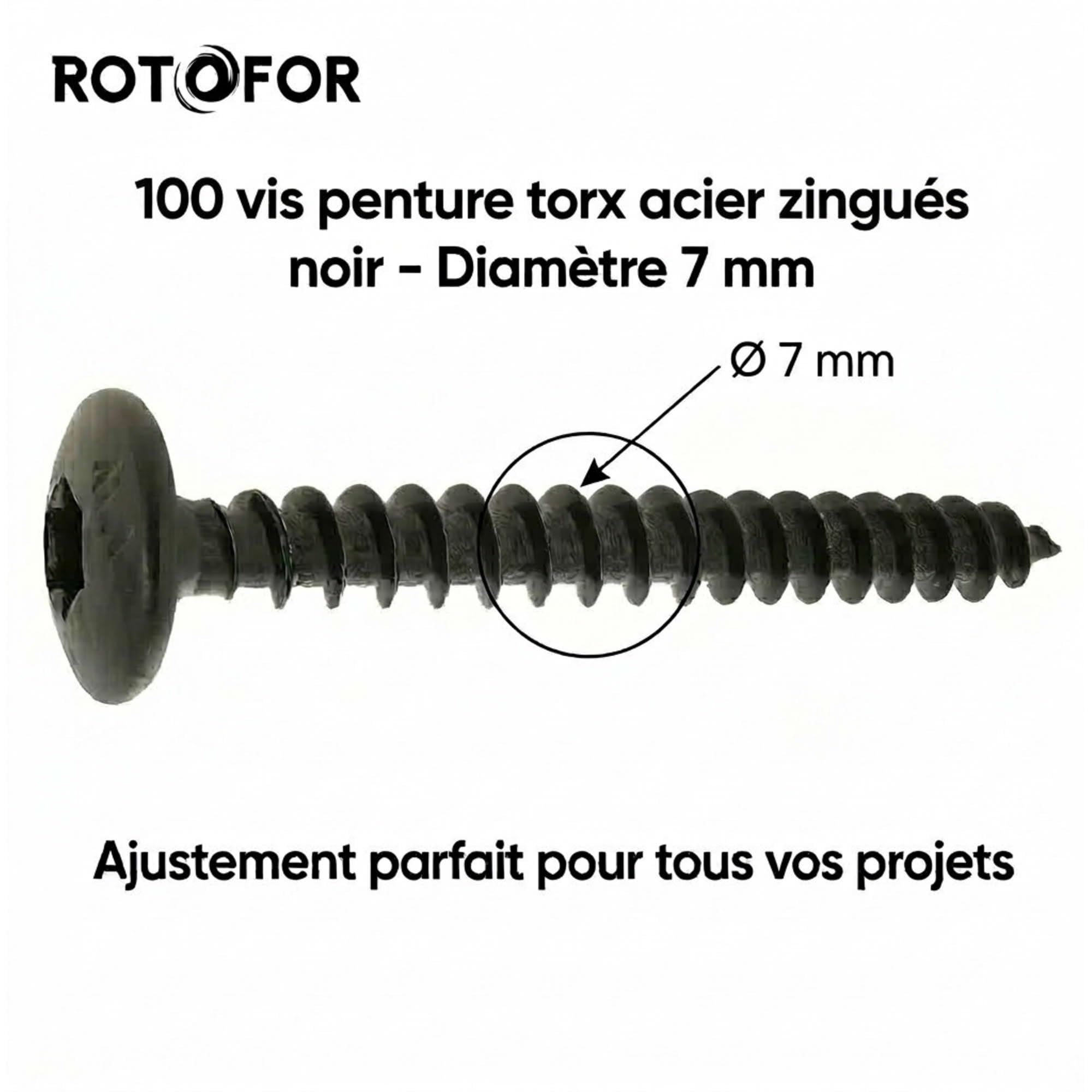 100 Vis Penture Torx acier zingués Noir 7,0 mm - Longueur 70 mm