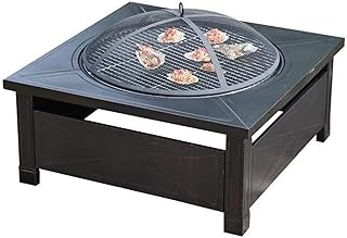 Fire Pits Outdoor Wood Burning Outdoor Fire Pit Metal Square Firepit Patio Stove Wood Burning BBQ Grill Fire Pit Bowl with Spark Screen Cover, Log Grate with Cover BBQ Cooking for Outside Camping Back