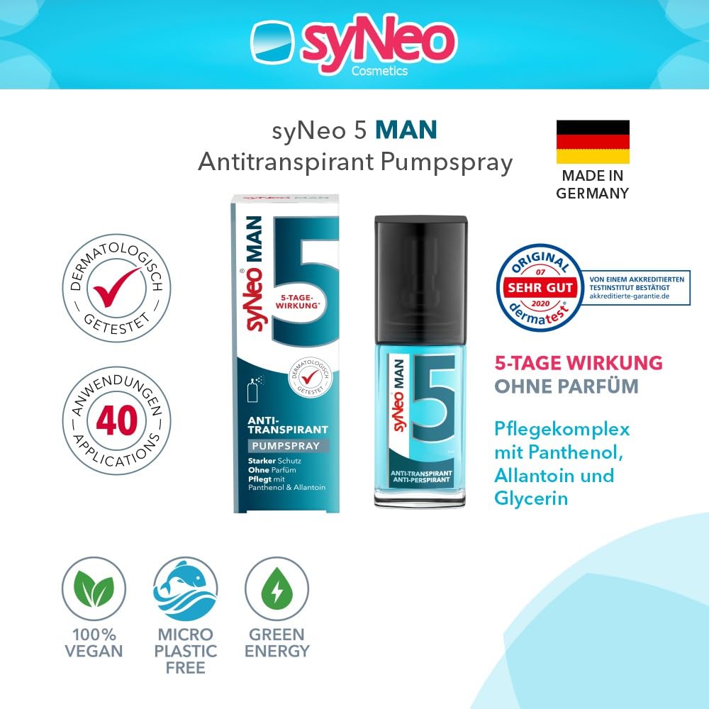 syNeo 5 MAN Spray antitranspirante – Efecto de 5 días – Contra el sudor y el olor – Para el cuerpo, las manos y la cara – Testado dermatológicamente – Para hombres – Fabricado en Alemania – 30 ml