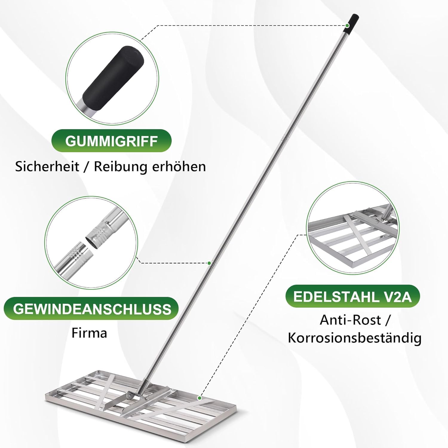 85*35cm Edelstahl Rakel Rasen mit 2m Einstellbare Stiel Rechen Rasenrechen | Nivellierrechen Sanden Topdressing Flächen Lawn Leveler Flächenebner Rasenschieber Levelingrake für Hof Garten Golf