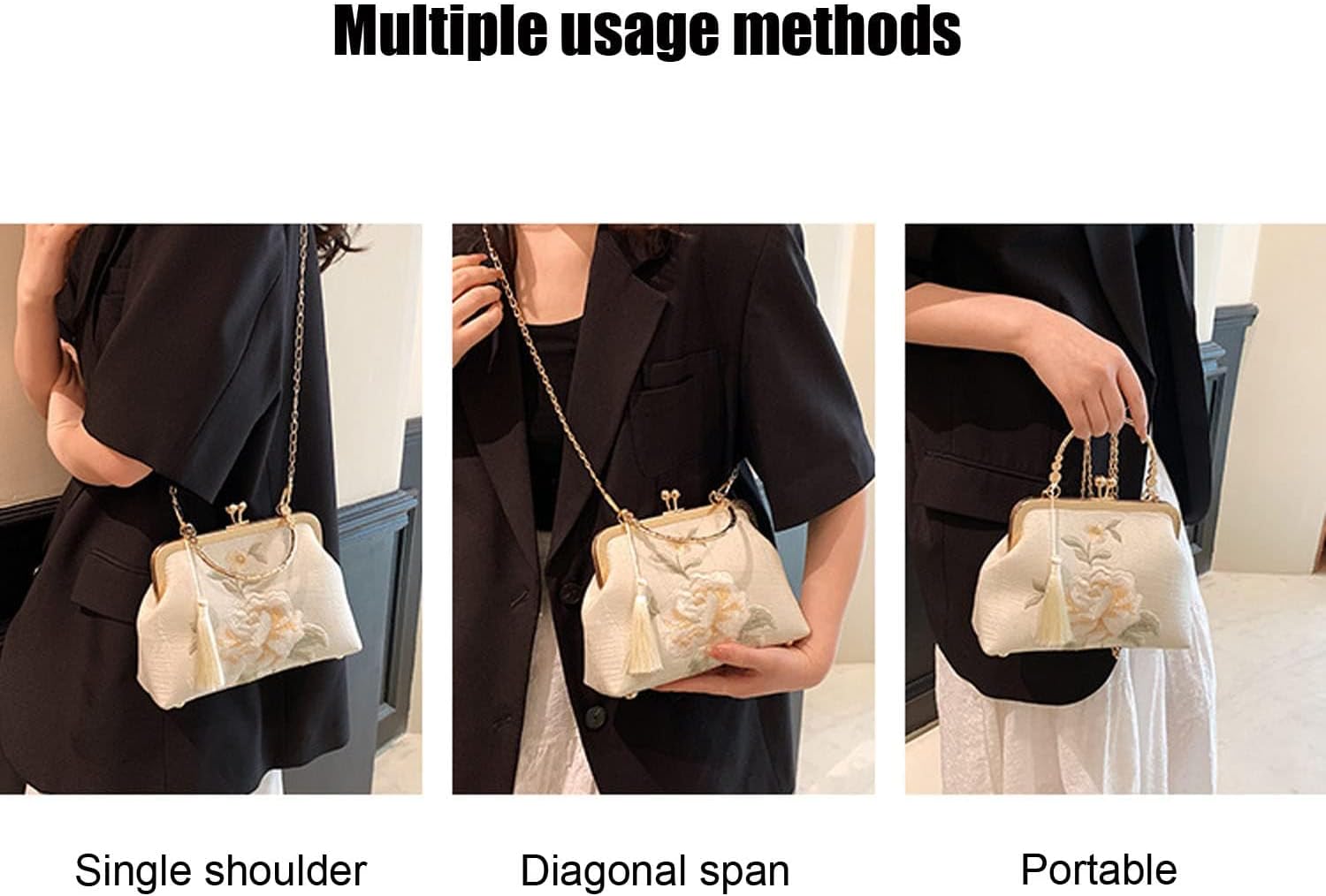 YeBon Retro Shoulder Chain Messenger Clutch Chinese Style Embroidered Elegant White Peony Flower Women's Evening Bags - Image 6