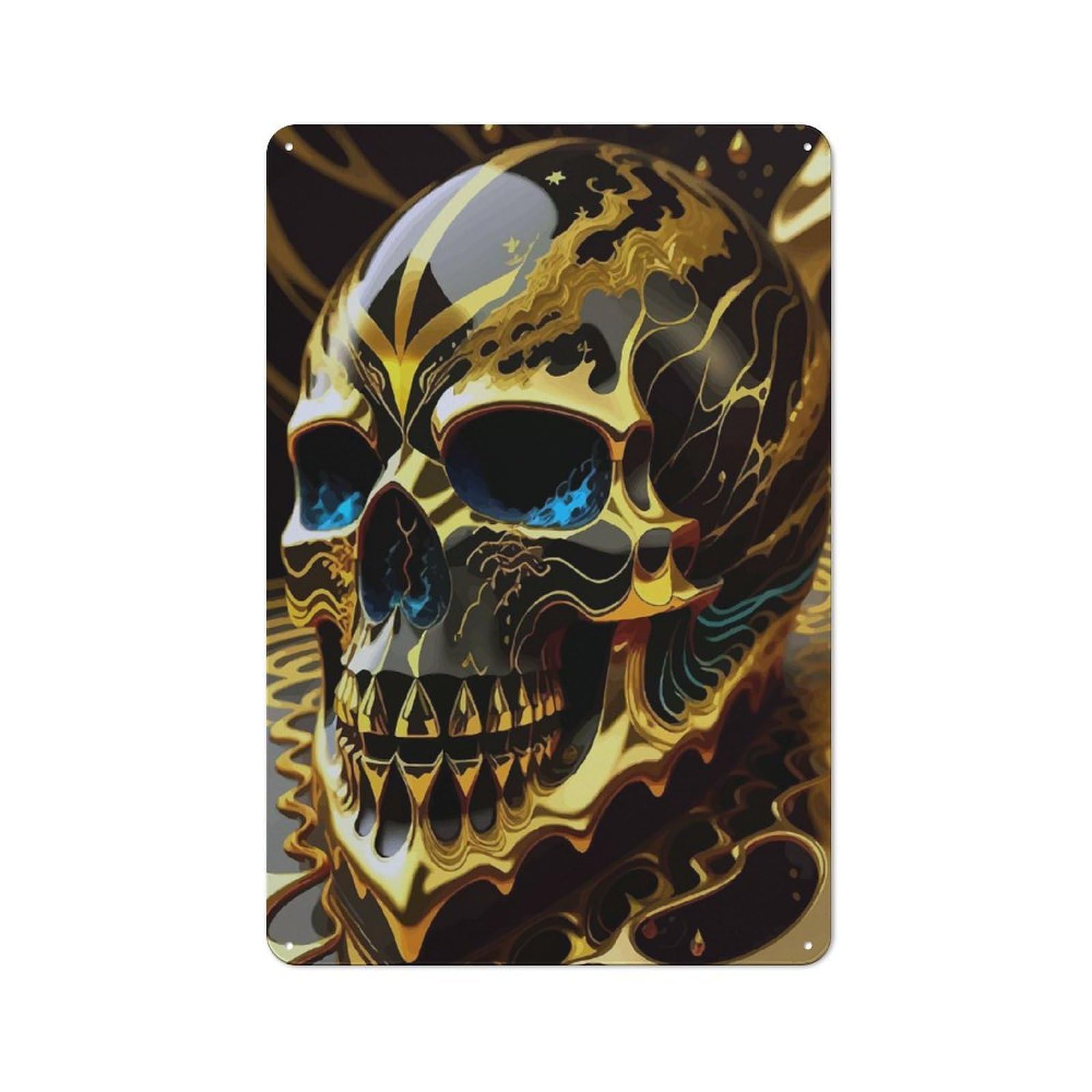 Tin Wall Plaque 30x20cm with Golden Skull for Man Cave Or Games Room, A Housewarming Gift for Leisure-room Decor Enthusiasts