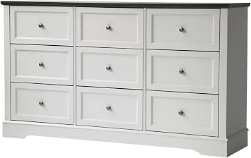 LOUVIXA Farmhouse Dresser 9 Drawer, Bedroom Chest of Drawers, Dressers with 9 Drawers, Wooden Dressers for Bedroom, Living Room, Tv Stand, EntrywayOff White-Brown