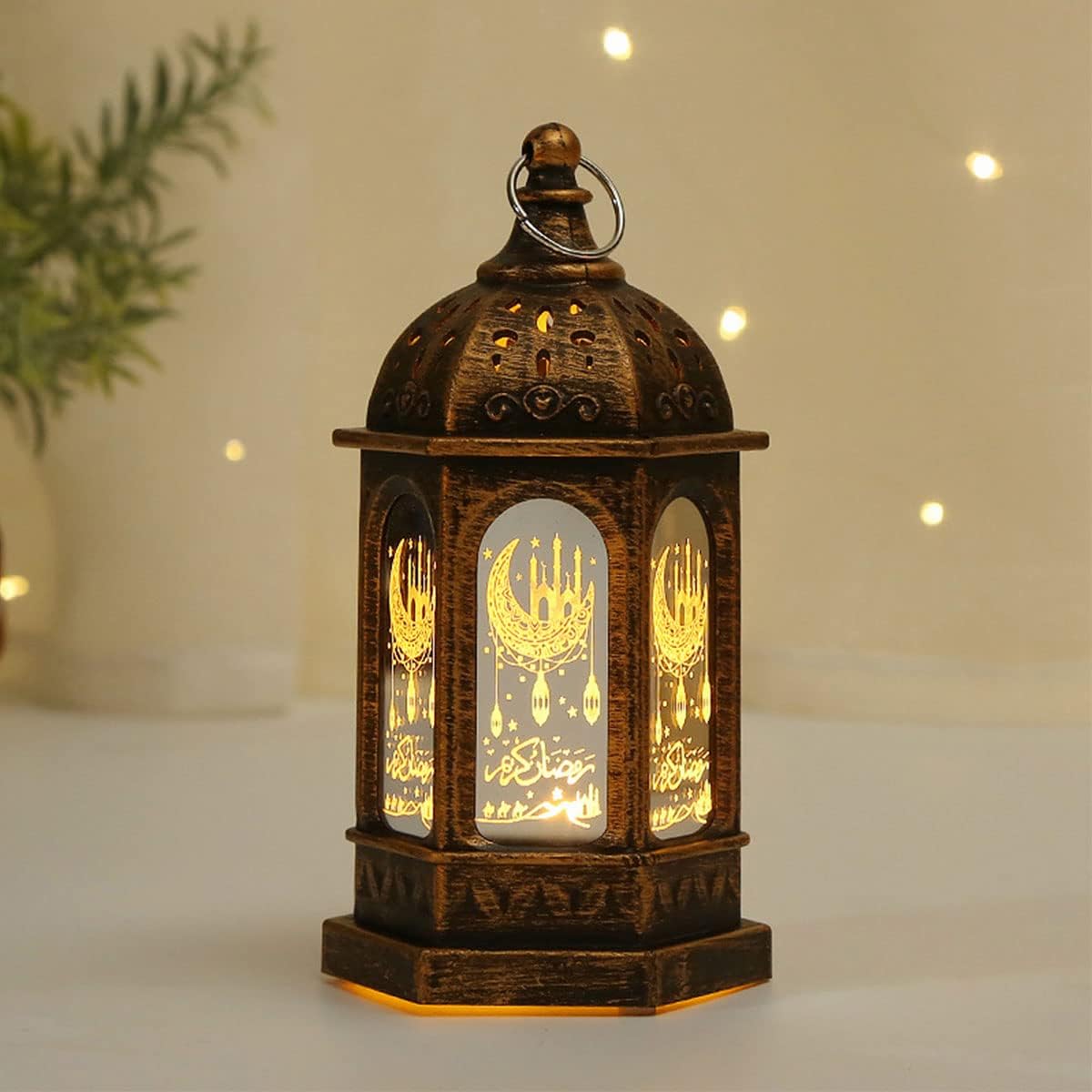 Ramadan Decorations Lantern, LED Eid Mubarak Lamp, Ramadan Festival Table Light, Battery Powered Vintage Decorative Ramadan Lantern, Home Festival Decoration Gift for Home Tabletop (Brown)