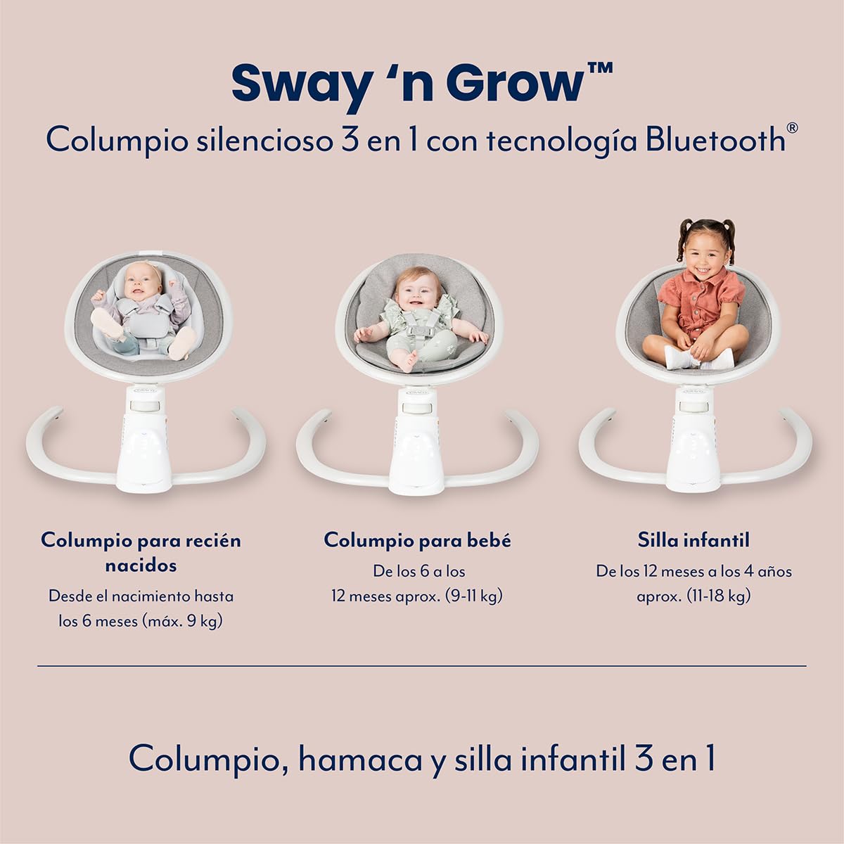 Graco - Sway ‘n Grow™ Sdraietta a dondolo silenziosa 3 in 1 con tecnologia Bluetooth®, 3 modalità (sdraietta, dondolo, seggiolina), dalla nascita fino ai 4 anni circa (max. 18 kg), colore Heather