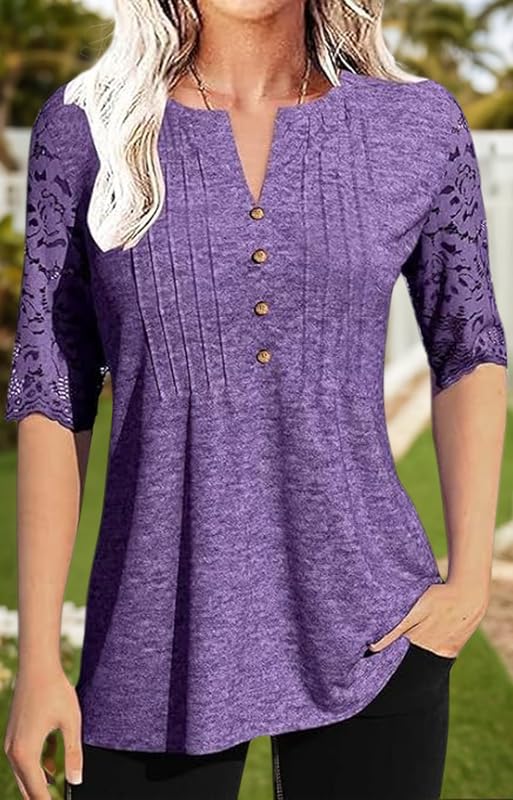 Womens Summer Tops Pleated Button Down Short Sleeve T-Shirt V-Neck Casual Lace Blouse