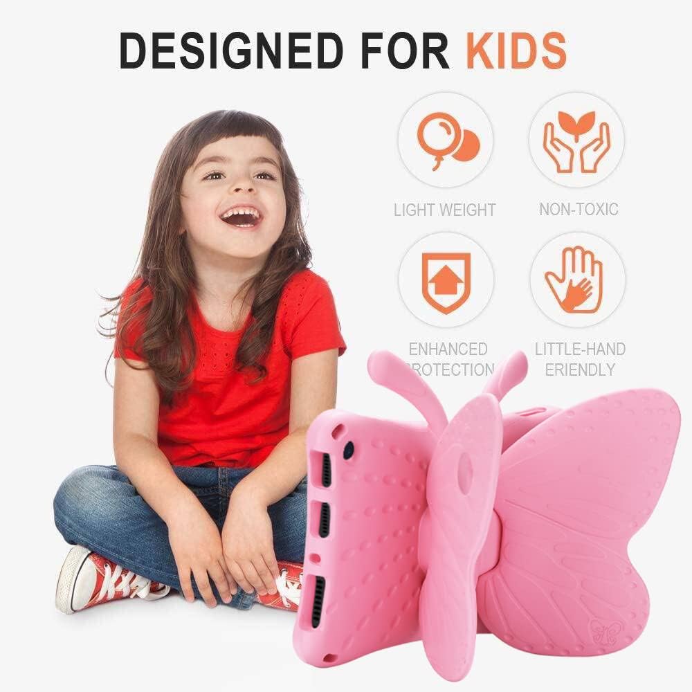 Simicoo Amazon Fire 7 Tablet 12th Gen 2022 Case Cute Butterfly Case with Stand for Kids Light Weight EVA Rugged Shockproof Heavy Duty Kids Friendly Full Cover for Fire 7 2022 (Pink)