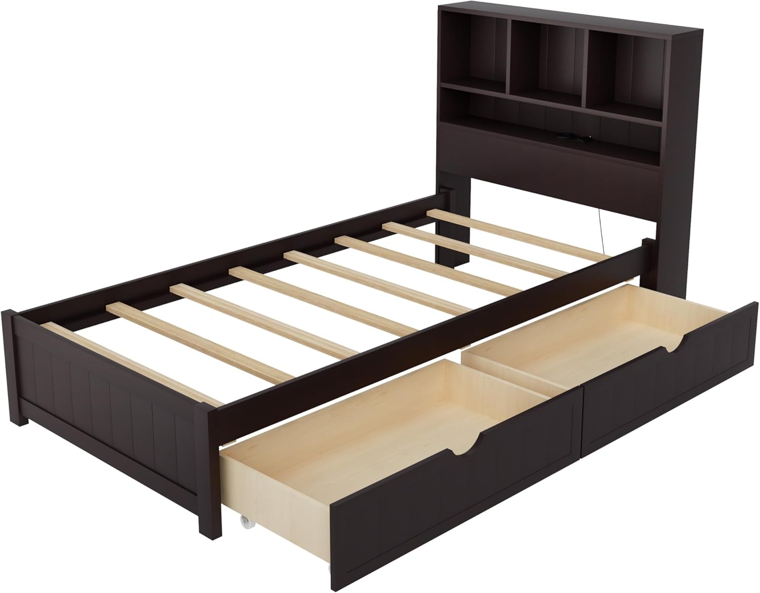 Twin Size Platform Bed with Bookcase Headboard, Built-in Downlight, Charging Station, and 2 Side Drawers, Wood Captain Bed for Apartment, Bedroom,Expresso