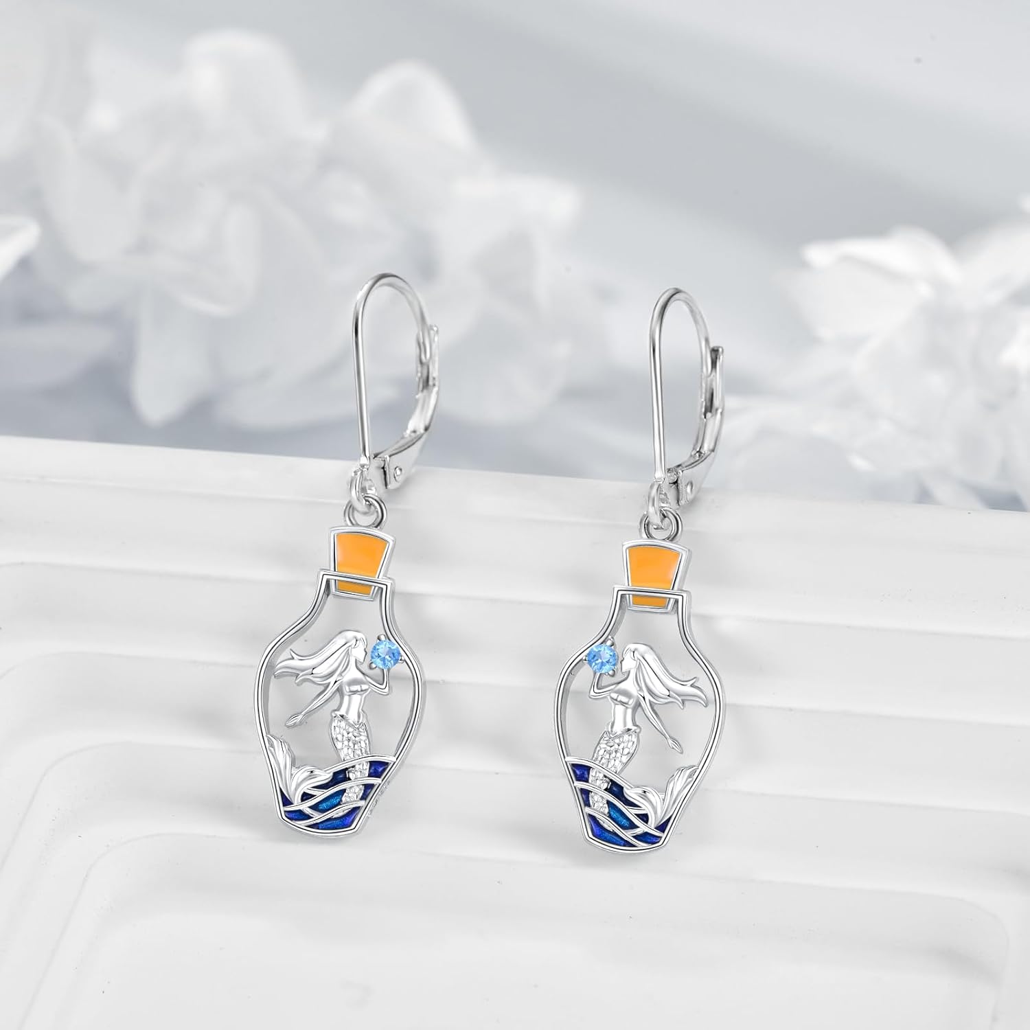 Mermaid Earrings Sterling Silver Sea Mermaid Dangle Earrings Wishing Bottles Dangles Jewelry Gifts for Women Girls - Image 3
