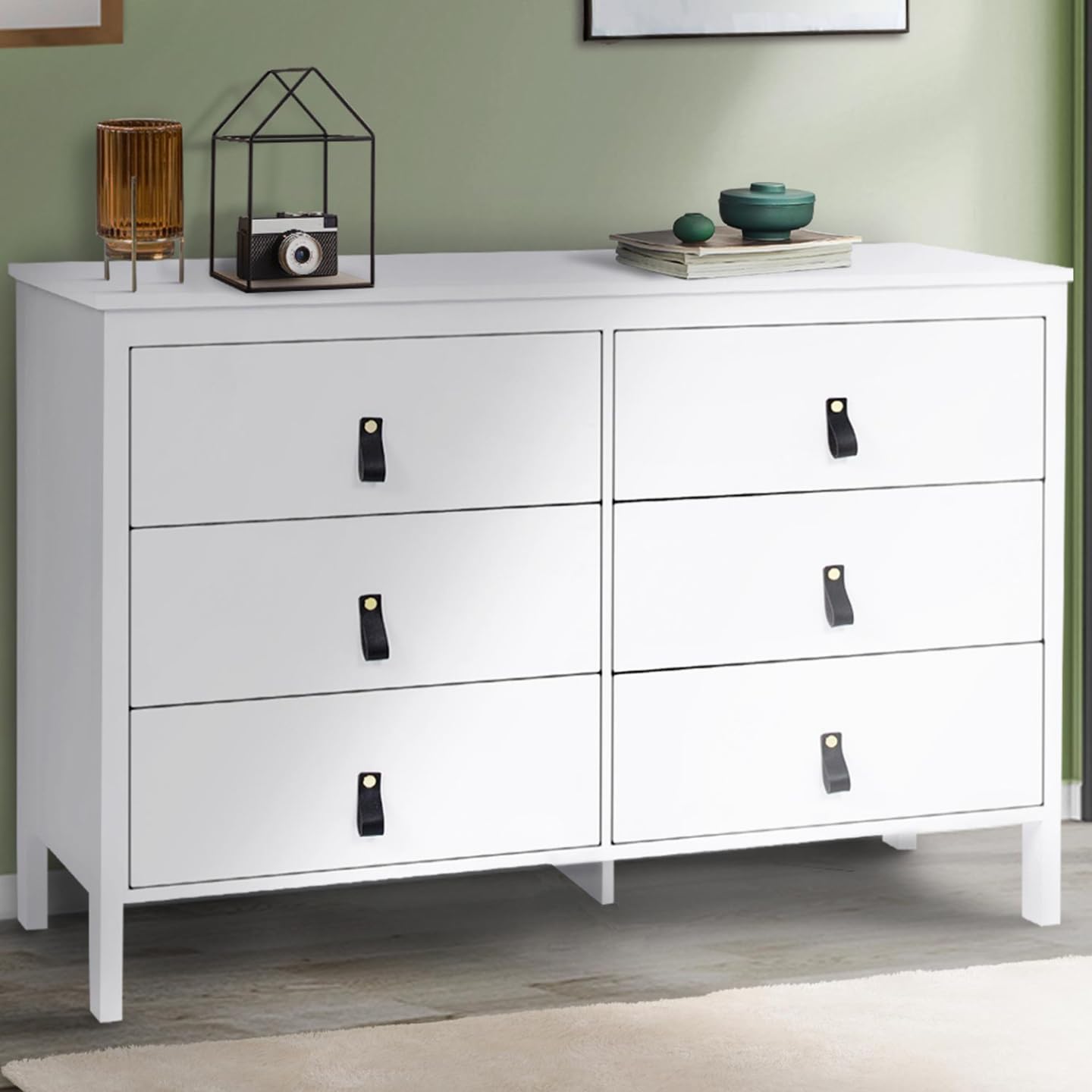 IDMarket - Commode 6 tiroirs Milano 115 cm Bois Blanc avec poignée Languette Noire