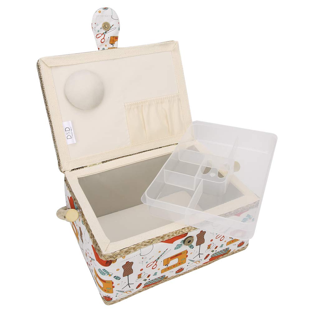 HERCHR Grande Cestino da Cucito, Scatola da Cucito in Tessuto Vintage Scatola portaoggetti per Kit da Cucito con Vassoio Rimovibile Tasca Interna per Accessori da Cucito(Arancia)