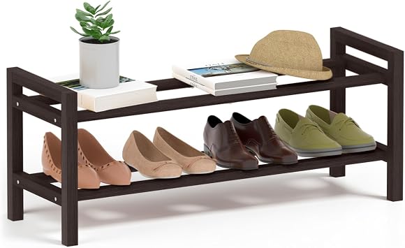 Haddockway Bamboo Shoe Rack for Closet, Free Standing Shoe Organizer with Smooth Round Rods & Convenient Handles, Stackable Shoe Storage Shelf for Entryway, HallwayBrown, 2-Tier